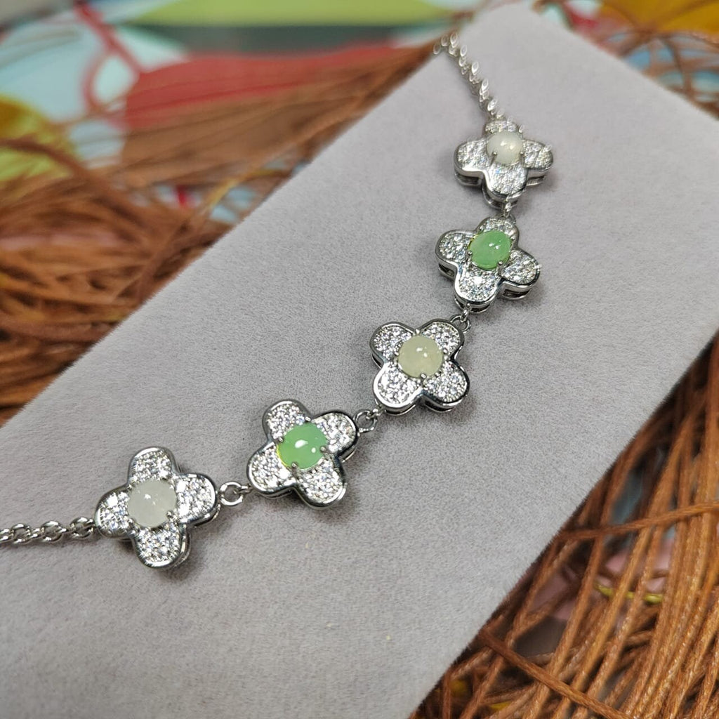 Certified A-Grade Lucky Flower Burmese Gemstone White/Apple Green Jadeite with Zirconia S925 Silver Bracelet | For Her Gifts,Occasions SL032 - SL Precious