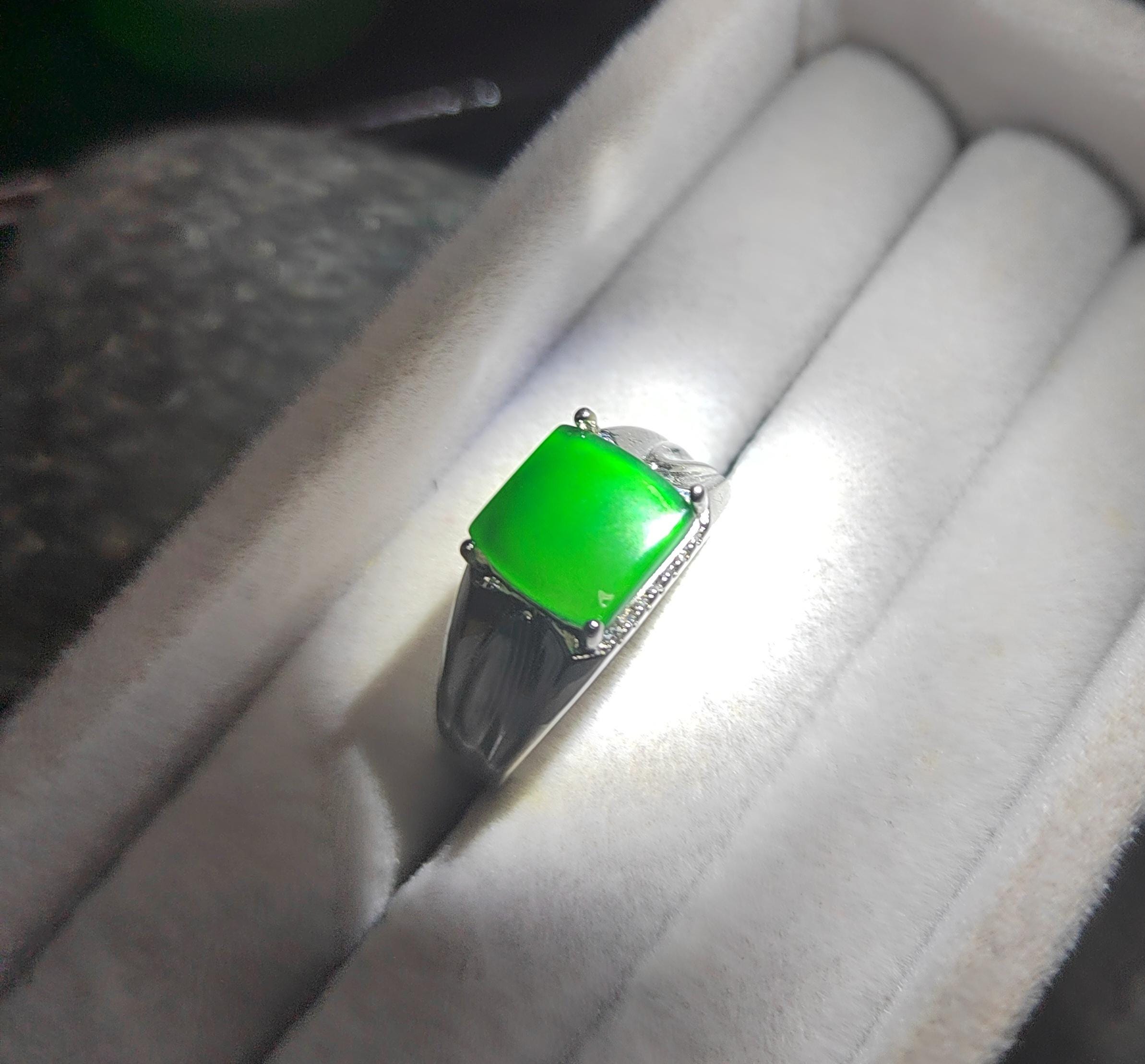 Certified Natural Untreated Burmese Icy Clean Imperial Vivid Green Men Jadeite Ring S925 Sterling Silver SL371