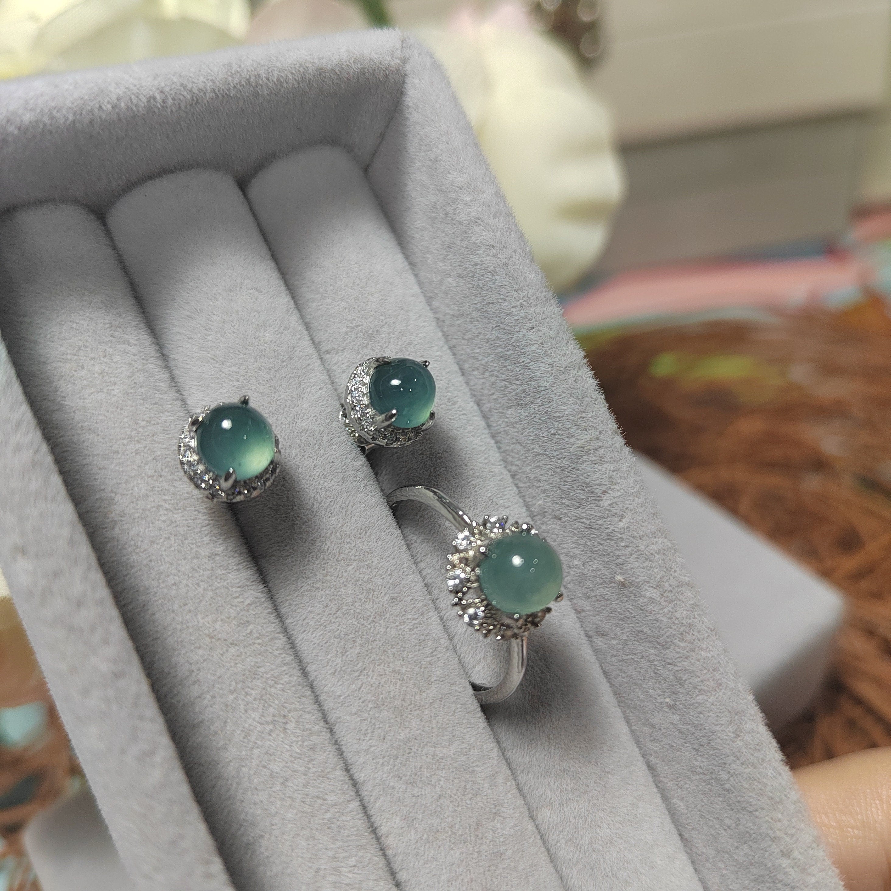 Round Ocean Blue 2pcs Set Earring & Ring Light Bump A Grade Natural Gemstone  Guatemala Jadeite For Her Minimalist SL075 - SL Precious