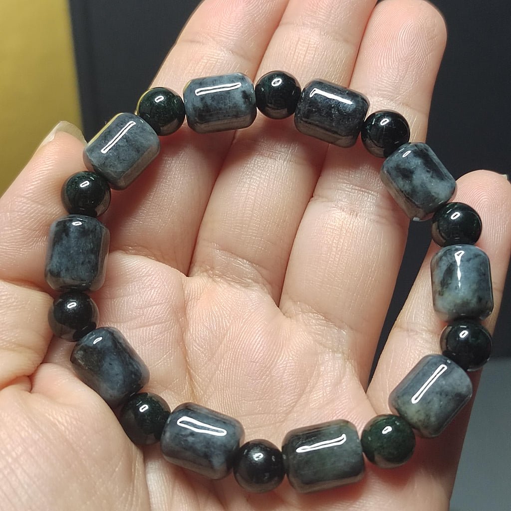 Natural Certified Burmese Cylinder Black/Grey Wuji & Round Bead Black Ink Jadeite Bracelet SL229 - SL Precious