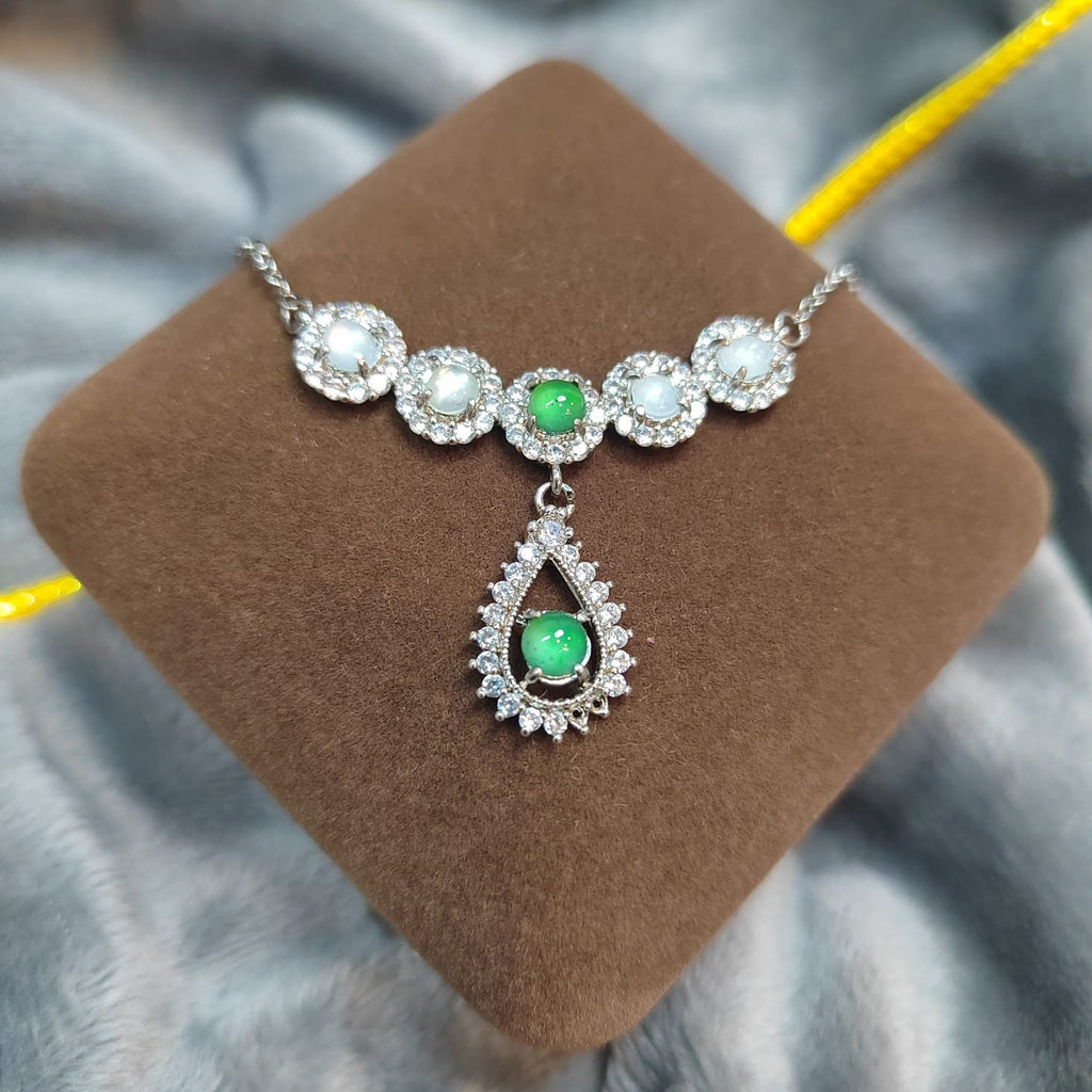 Natural Untreated A-Grade Icy White Apple Green Jadeite V-Neck Necklace | Zircon Accents SL011 - SL Precious