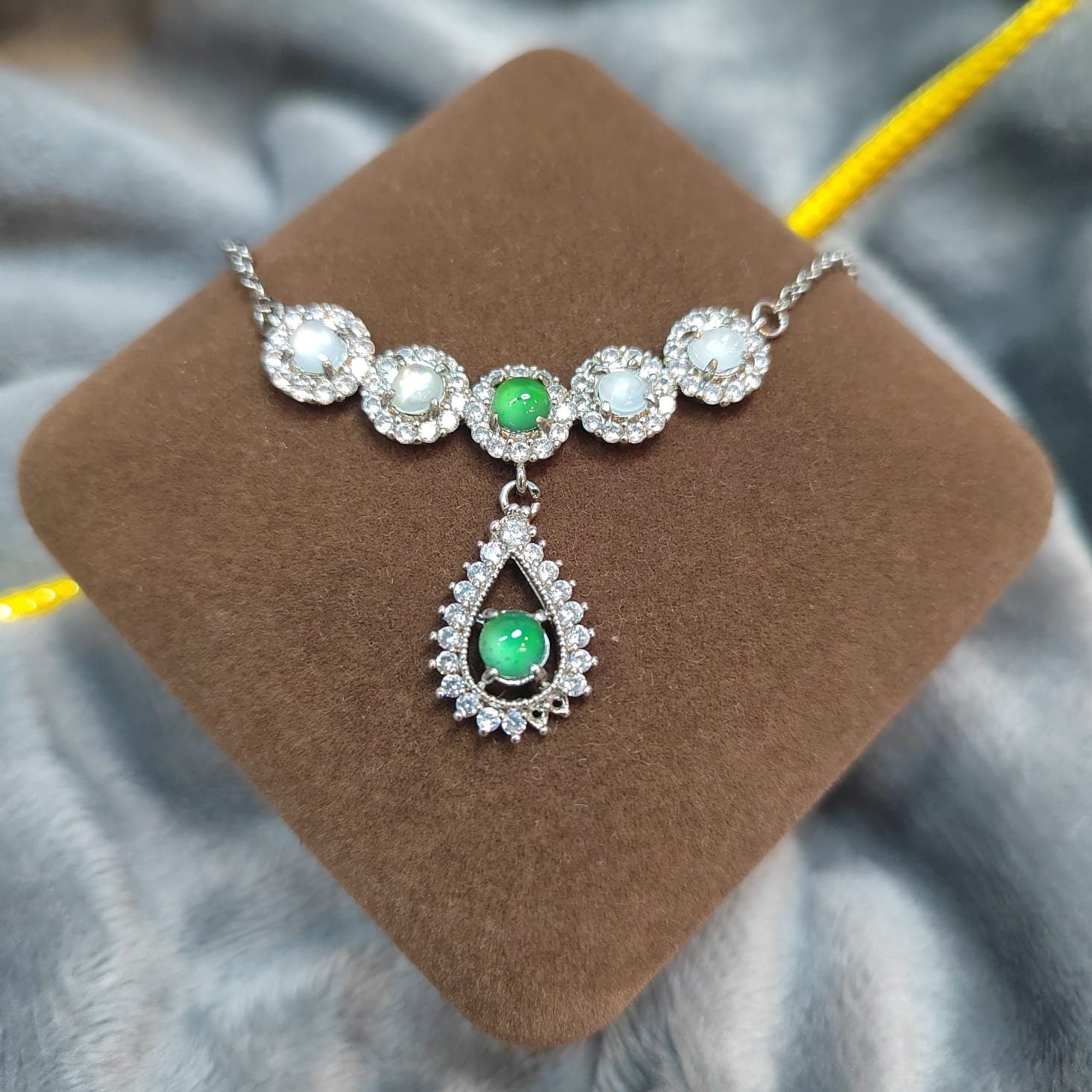Natural Untreated A-Grade Icy White Apple Green Jadeite V-Neck Necklace | Zircon Accents SL011 - SL Precious