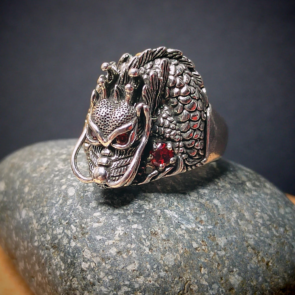 Large 925 Sterling Silver Dragon Ring | Red Zircon Accent | Thai Trend Design SL232 - SL Precious