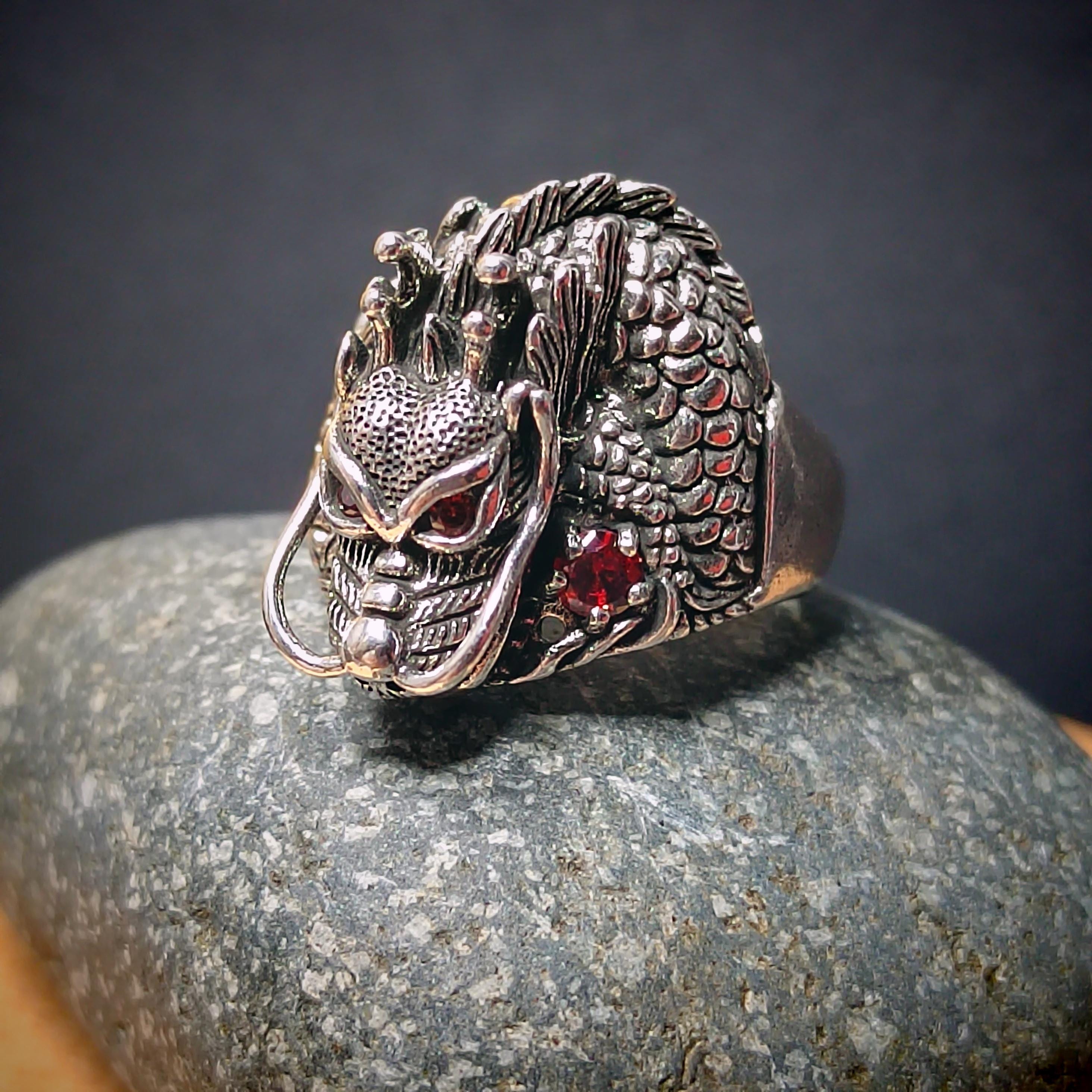 Large 925 Sterling Silver Dragon Ring | Red Zircon Accent | Thai Trend Design SL232 - SL Precious