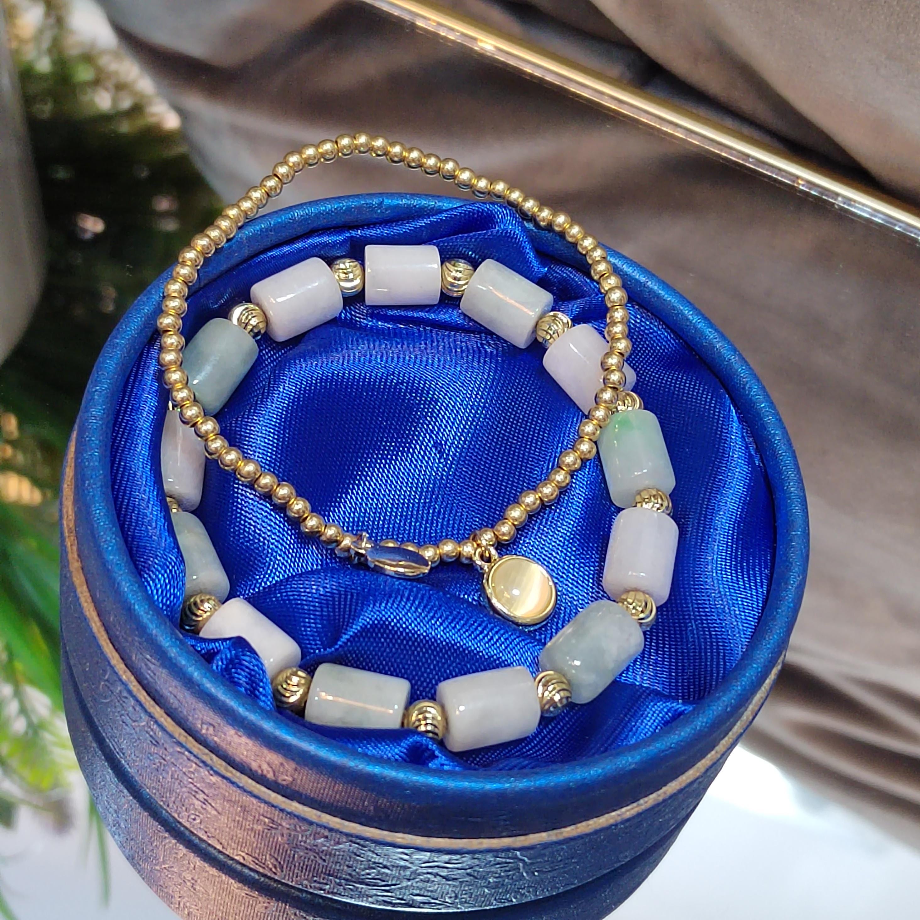 Burmese Natural Untreated Cylinder Beads Jadeite With Gold Plated Bead Bracelet Double Layer Fashion SL161