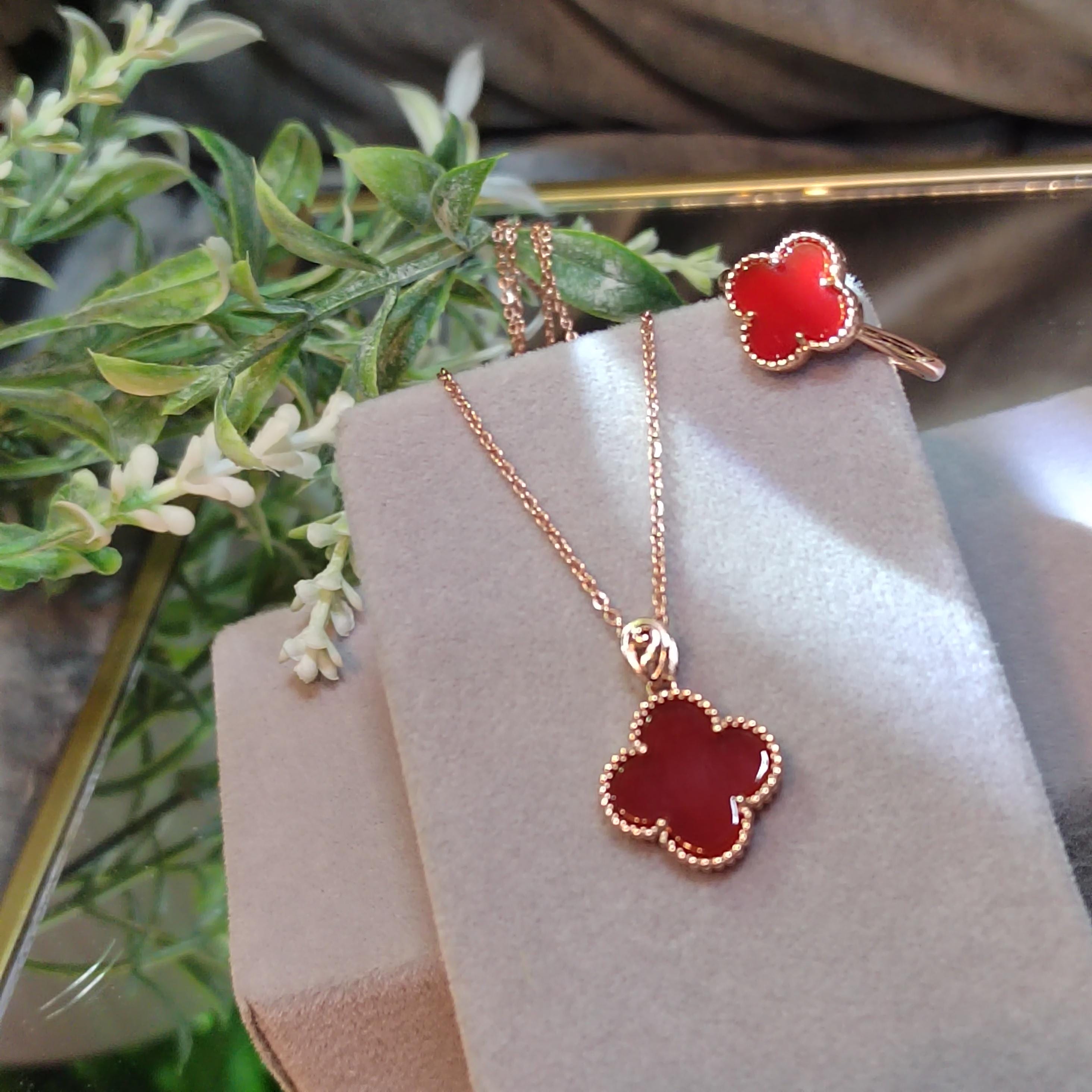 2pcs Set Lucky Flower Natural Red Nanhong Agate Rose Gold Plated on S925 Sterling Silver Ring and Pendant/Chain SL164 南红玛瑙