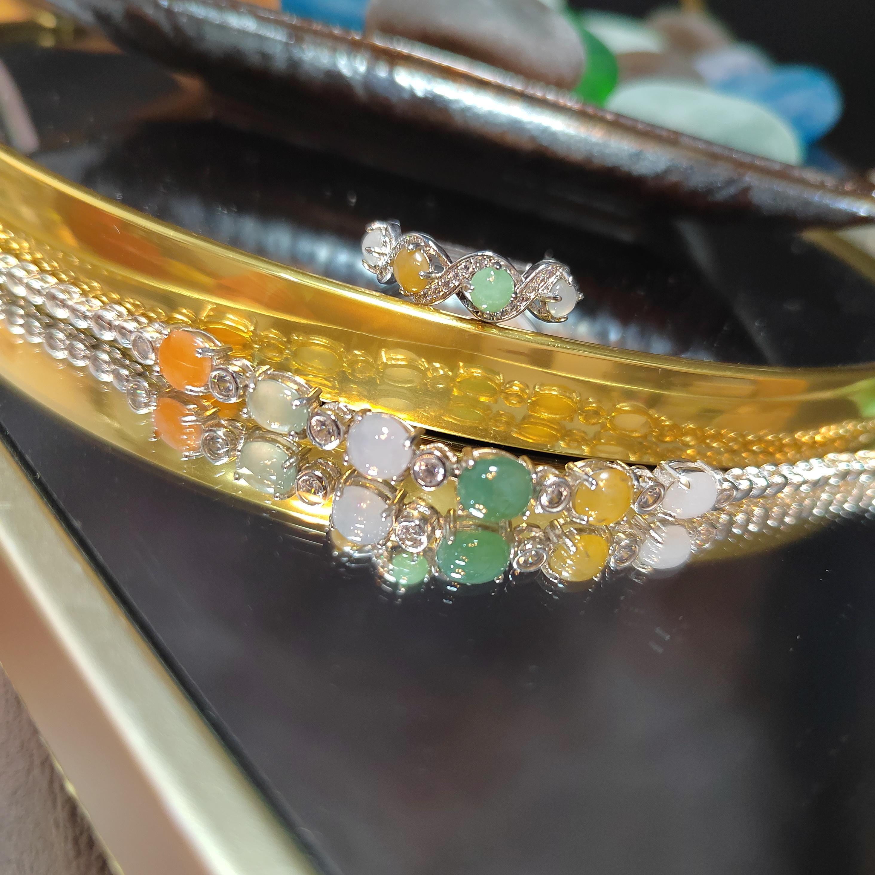Burmese Gemstone Lucky Color Natural Jadeite Bracelet & Ring Set 925 Silver Plated with 18K White Gold Zircon Accent For Her Minimalist SL08 - SL Precious