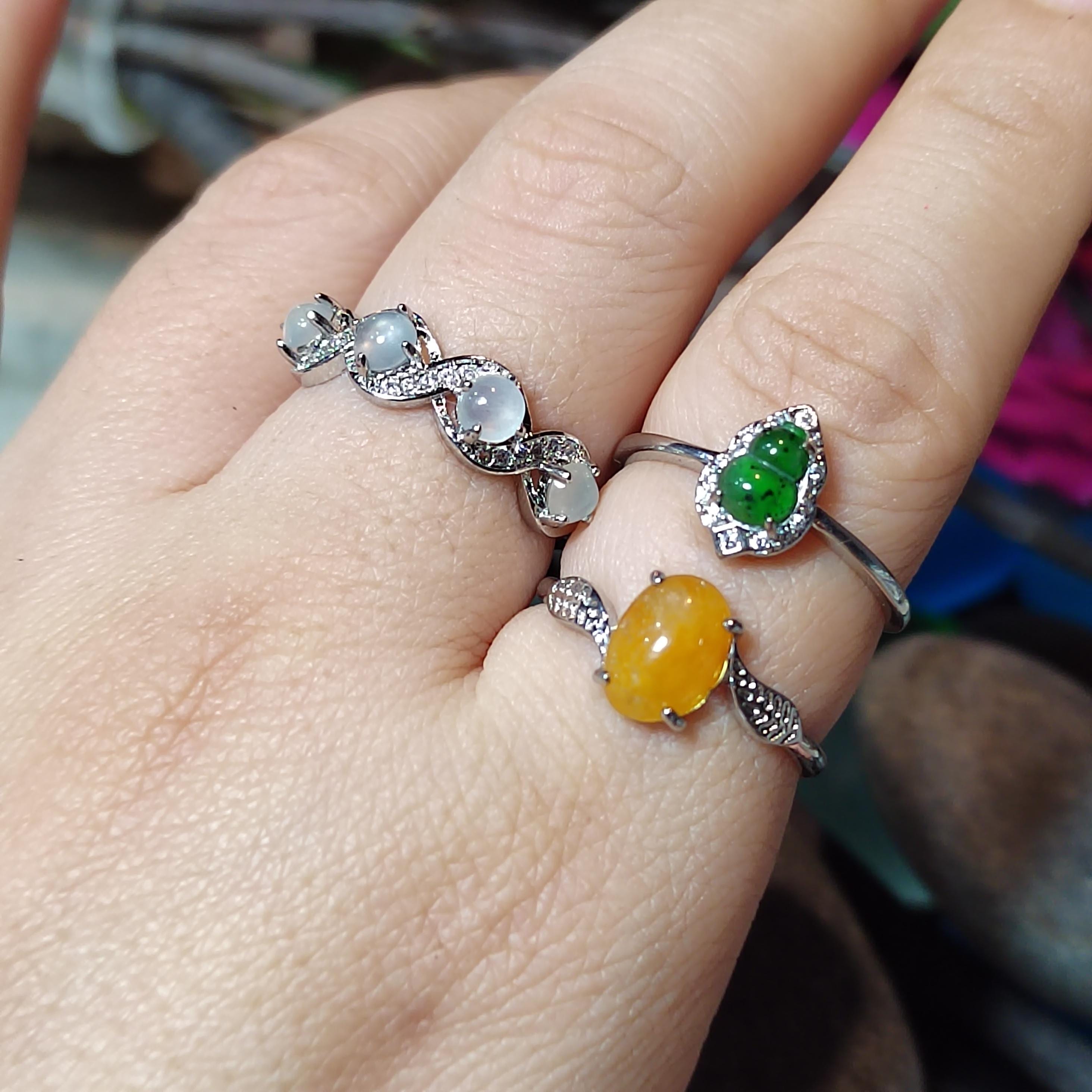 3pcs Natural Untreated Burmese Jadeite Ring Set | Imperial Green, Honey Yellow, Icy White | S925 Silver | No Cert | SL406