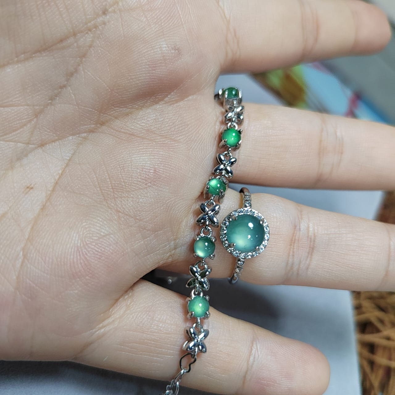Certified A-Grade Glowing Light Effect Jadeite 925 Silver Ring & Bracelet Set | For Her SL035 - SL Precious