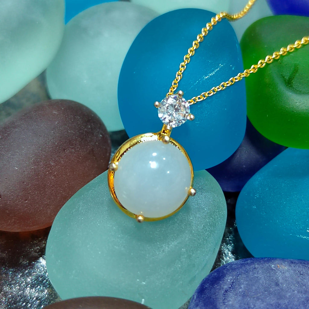 Certified Minimalist Pendant Elegant A-Grade Natural Untreated White Round Jadeite with Zirconia 18K Yellow Gold  Gift for Mom, Wife SL042 - SL Precious