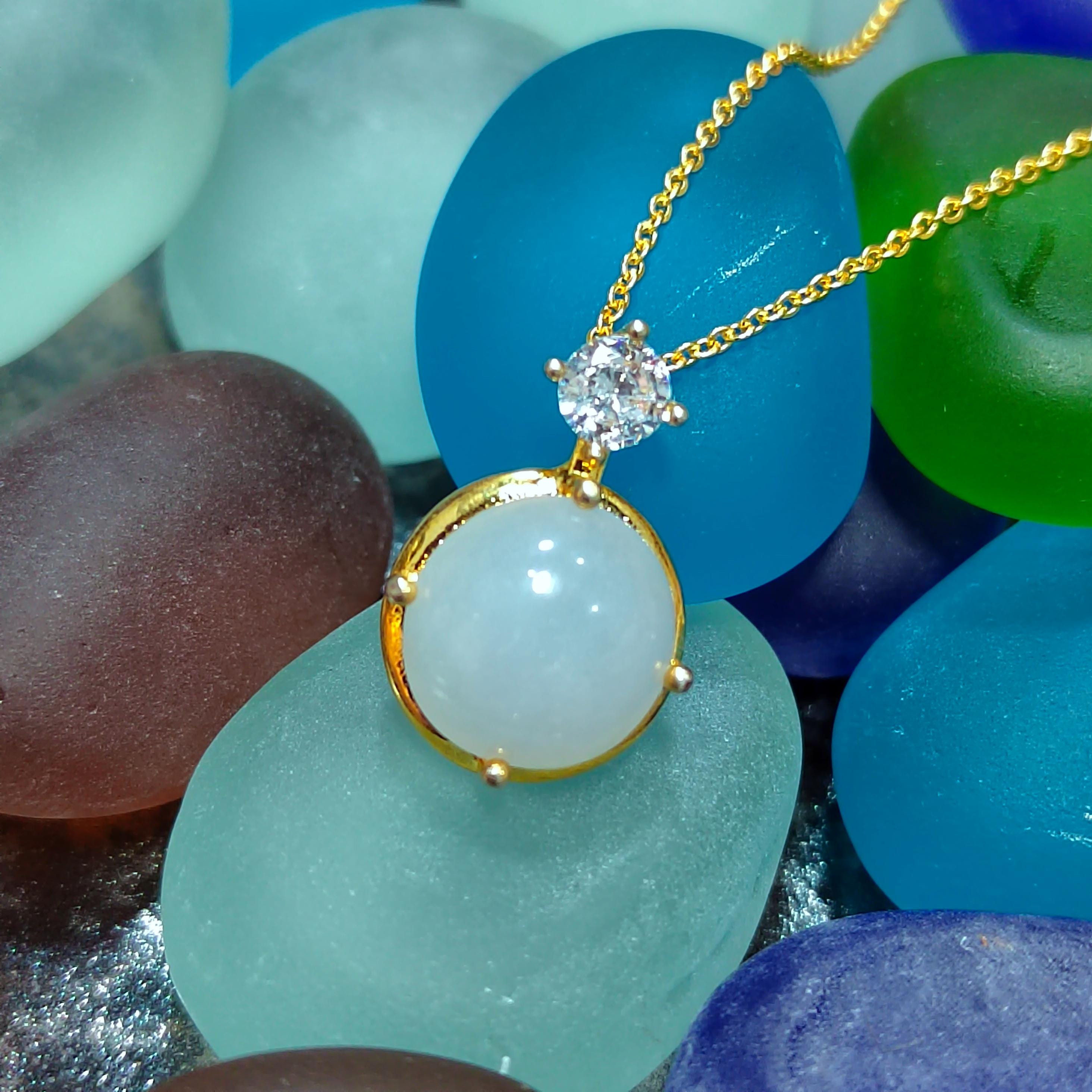 Certified Minimalist Pendant Elegant A-Grade Natural Untreated White Round Jadeite with Zirconia 18K Yellow Gold  Gift for Mom, Wife SL042 - SL Precious