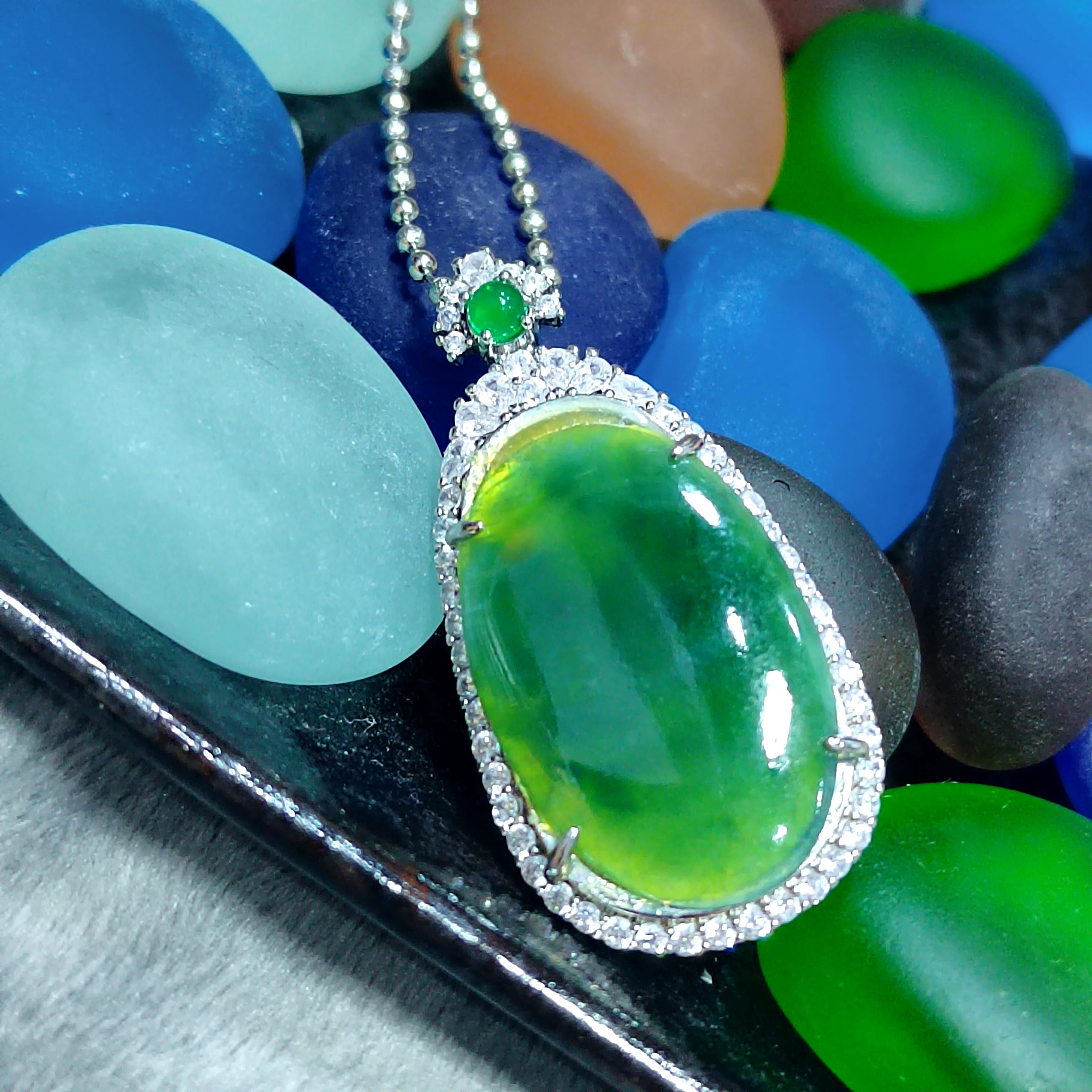 Certified Natural Burmese Necklace Dark Apple Green Jadeite with Zirconia Accents On 925 Silver Plated with 18K White Gold SL062 - SL Precious