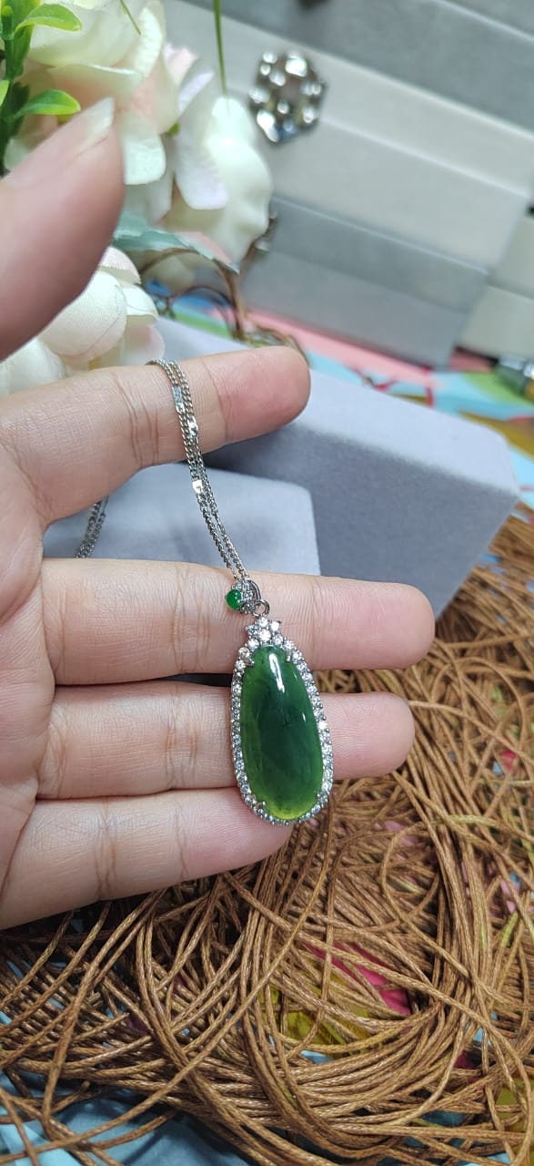 Certified Natural Burmese Apple Green Jadeite Teardrop Necklace | 18K White Gold SL063 - SL Precious