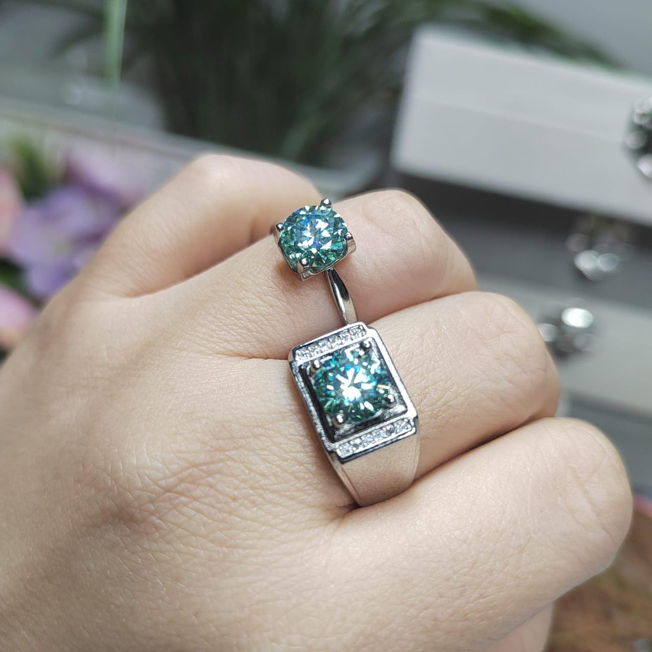 Light Blue Moissanite with Zircon Accent Couple Rings Set S925 Silver Plated with 18K White Gold for Wedding, Anniversary, Engagement SL081 - SL Precious