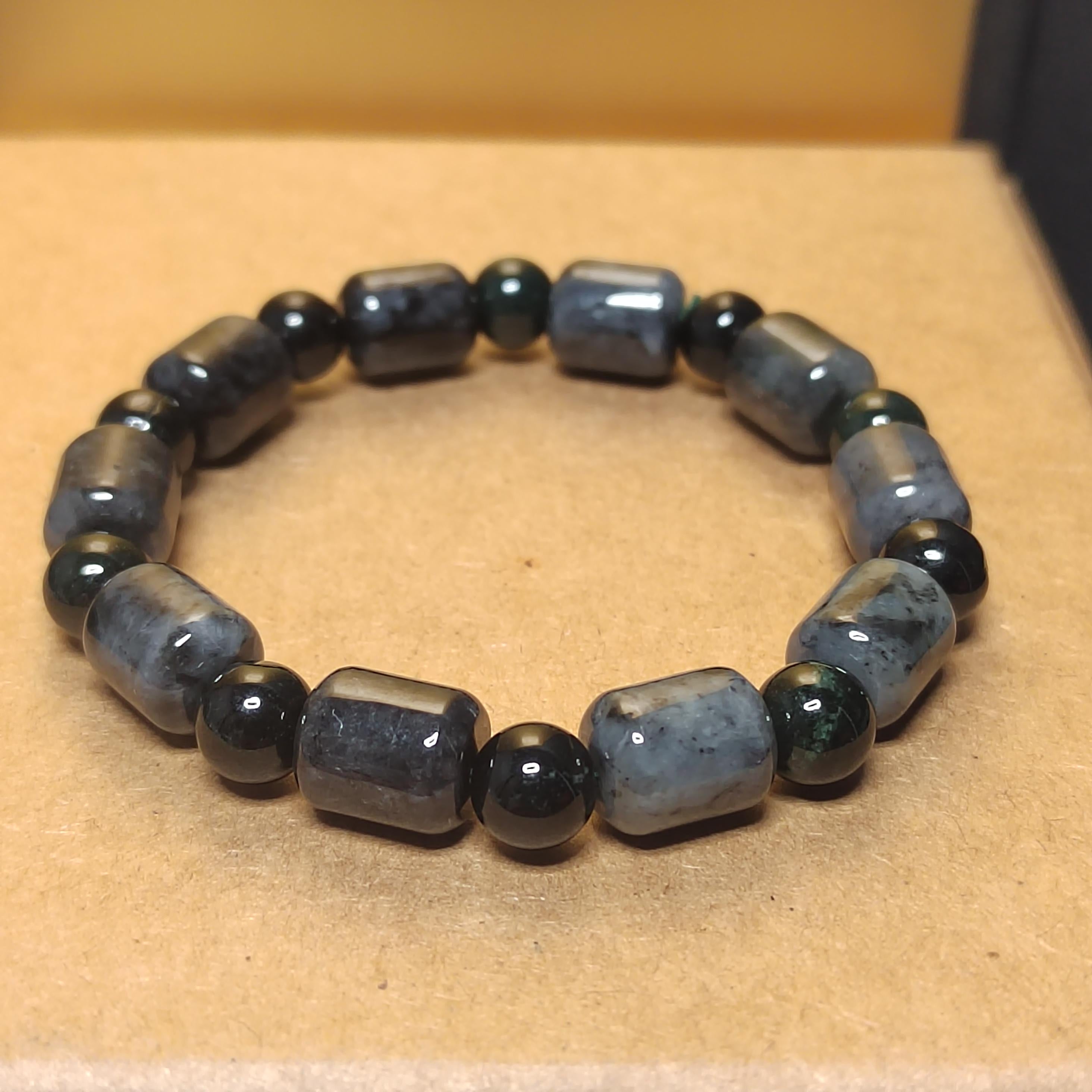 Natural Certified Burmese Cylinder Black/Grey Wuji & Round Bead Black Ink Jadeite Bracelet SL229 - SL Precious