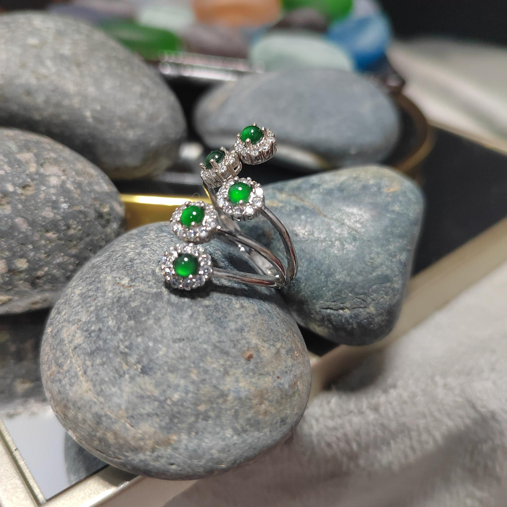 Certified Natural Untreated Guatemala Imperial Green 5pcs Flower Adjustable Design Zircon Set S925 Sterling Silver Jadeite Ring SL372