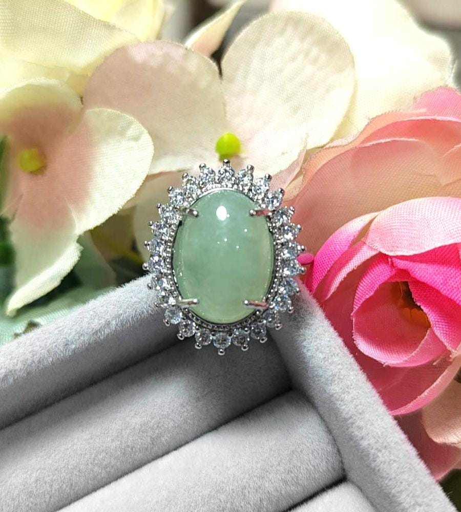 Burmese Gemstone Creamy Green Jadeite Ring | Zircon Accent | S925 Plated with 18K White Gold SL086