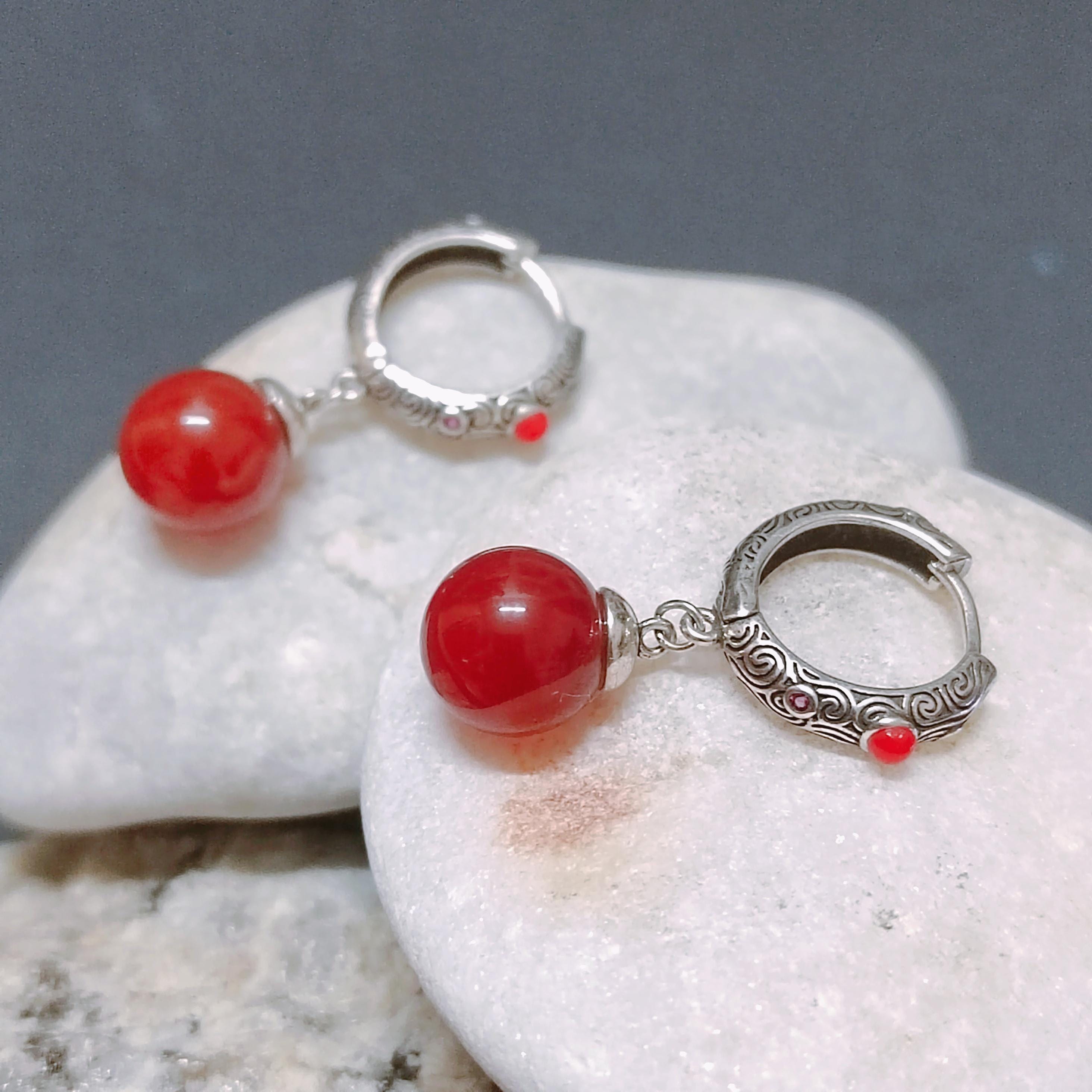 Elegant S925 Silver Design Hoop/Dangle Earrings | Certified A-Grade Natural Baoshan Southern Red Nanhong Agate SL256X15 - SL Precious