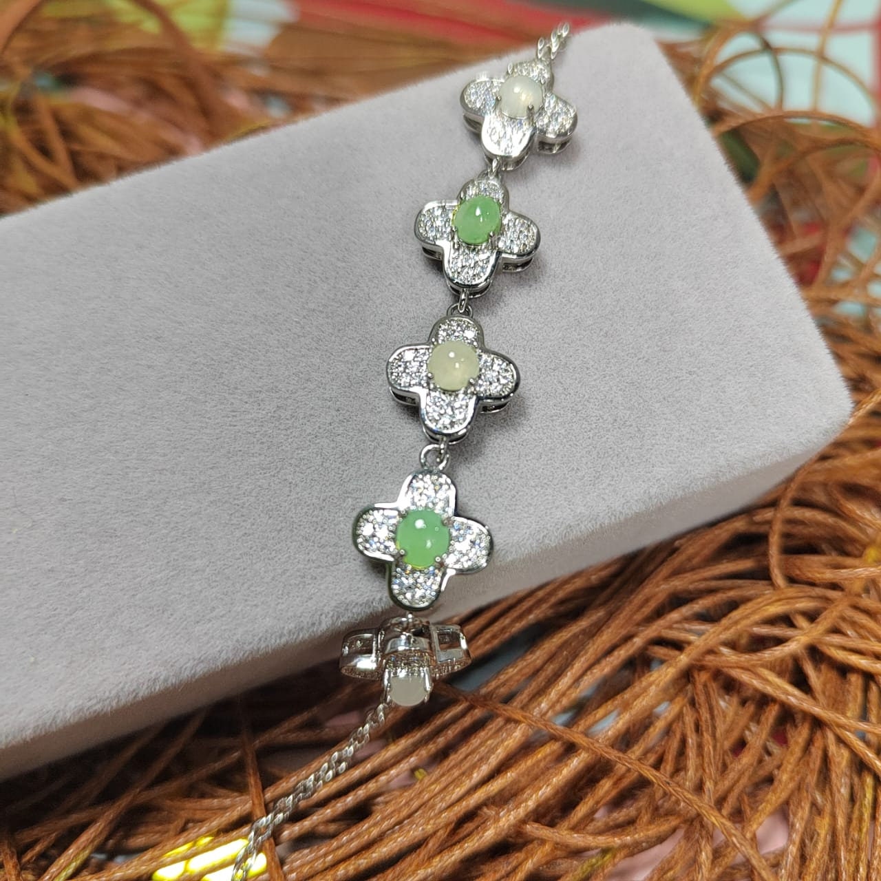 Certified A-Grade Lucky Flower Burmese Gemstone White/Apple Green Jadeite with Zirconia S925 Silver Bracelet | For Her Gifts,Occasions SL032