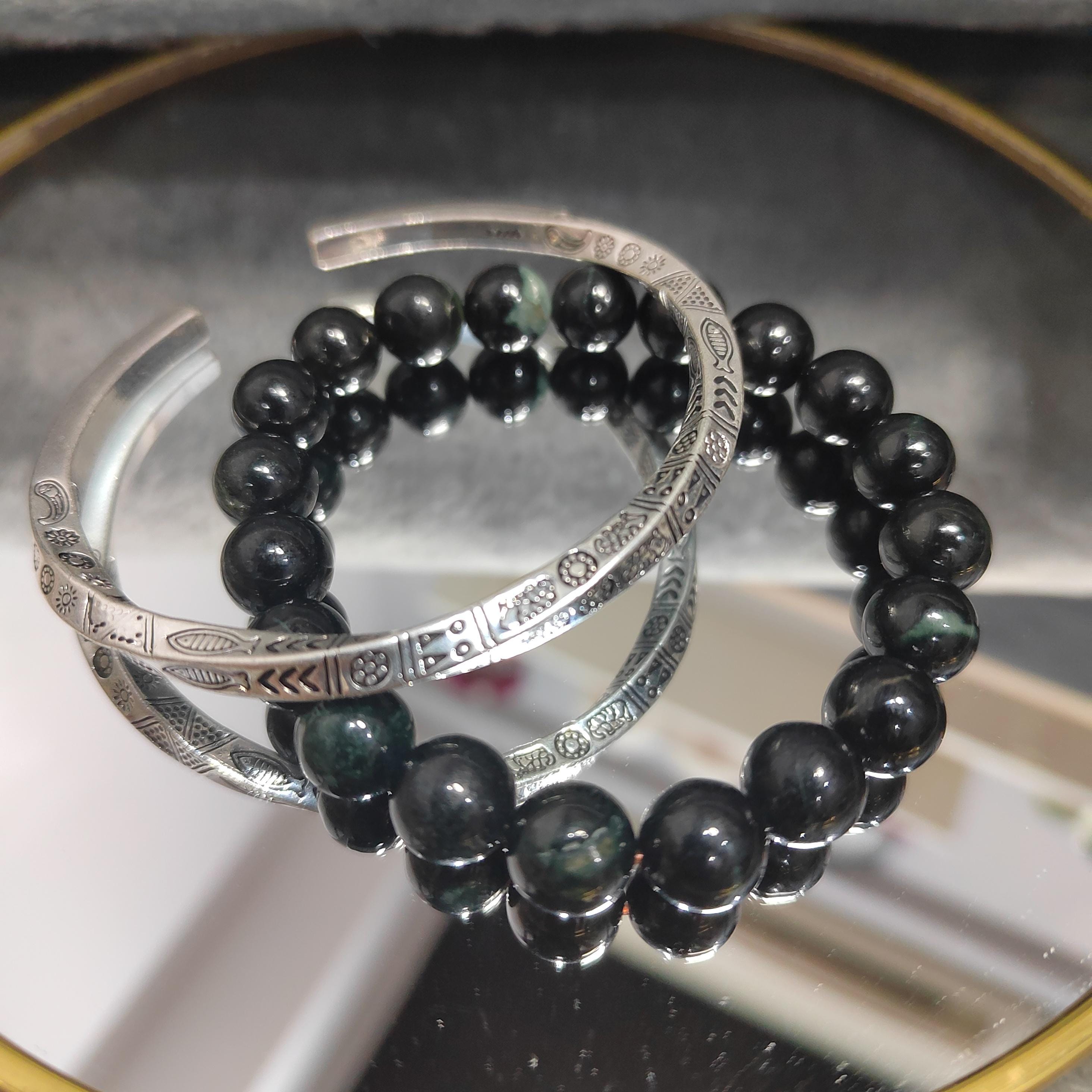 S9999 Silver Filled Vermeil Twitter Punk Bangle & Burmese Black Ink Jadeite Bead Bracelet | Vintage Unisex Gift Set SL237