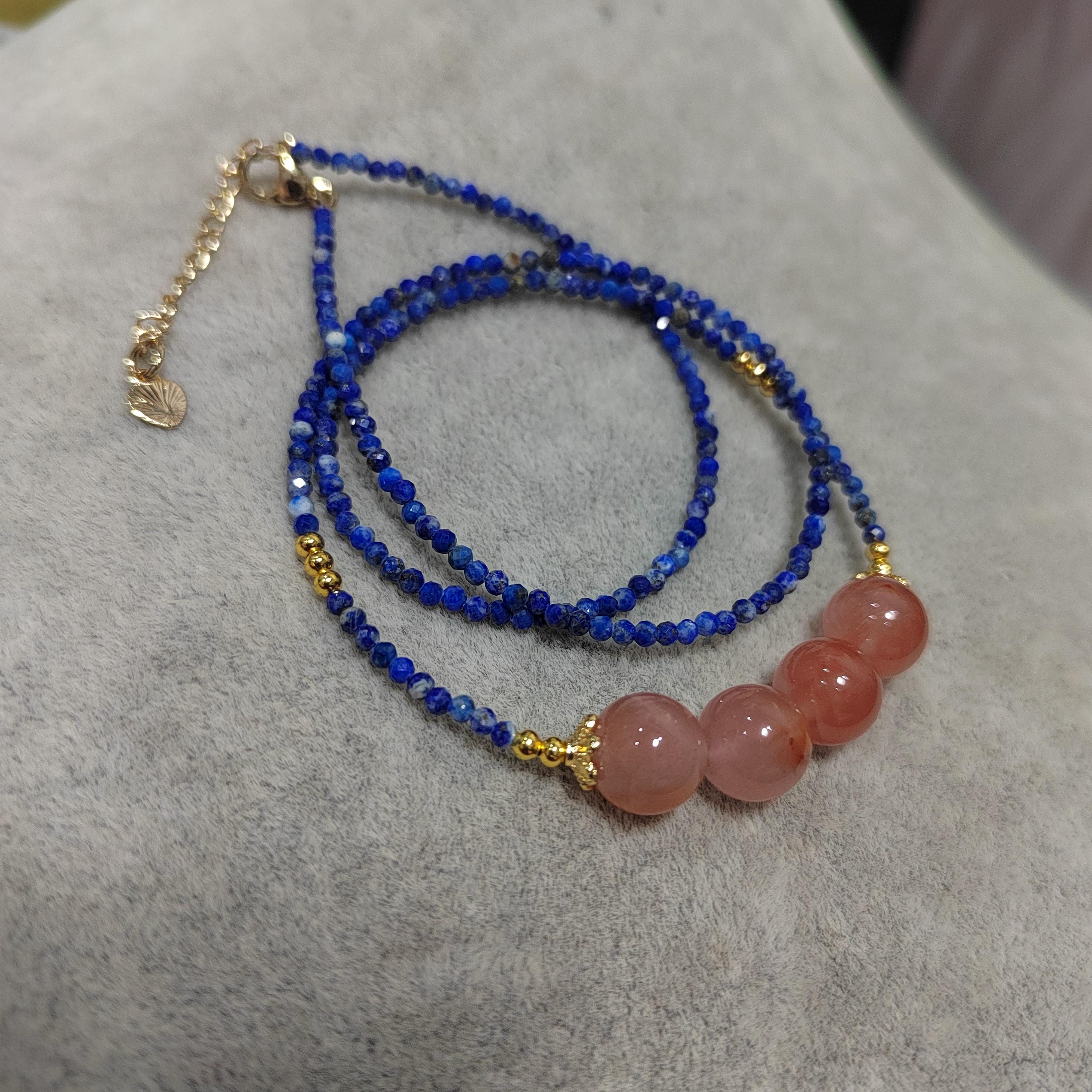 Natural Southern Nanhong Pink Agate & Afghan Lapis Lazuli Necklace, Choker, Bracelet Set SL298 SL Precious