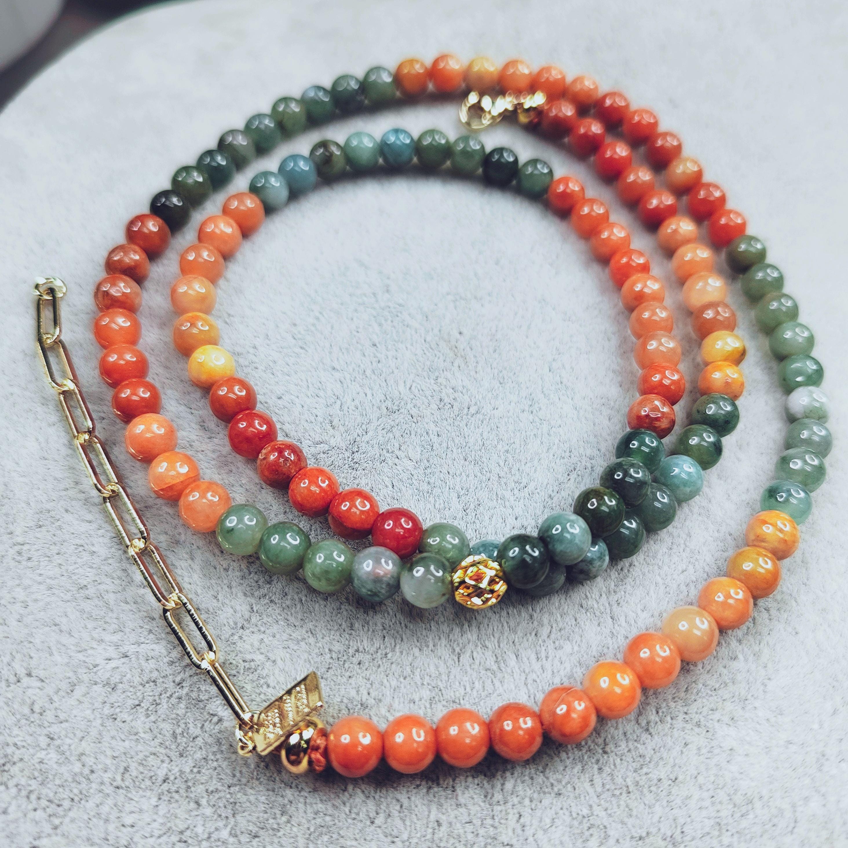 Certified Burmese Jadeite Red-Yellow-Green 14k Plated Natural A Grade Bead 2 Ways Bracelet/Necklace Design SL354