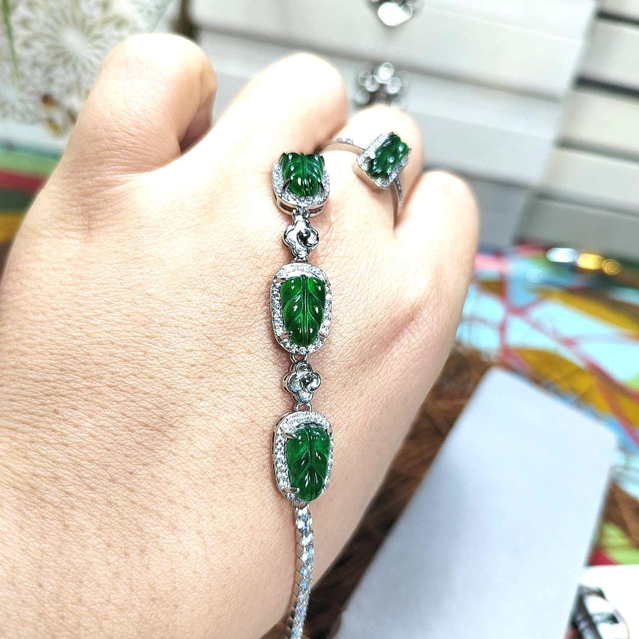 Luxury 2pcs Set A-Grade Imperial Green Guatemalan Leaf Jadeite 925 Silver Ring & Bracelet, Elegant Gift for Her SL033 - SL Precious