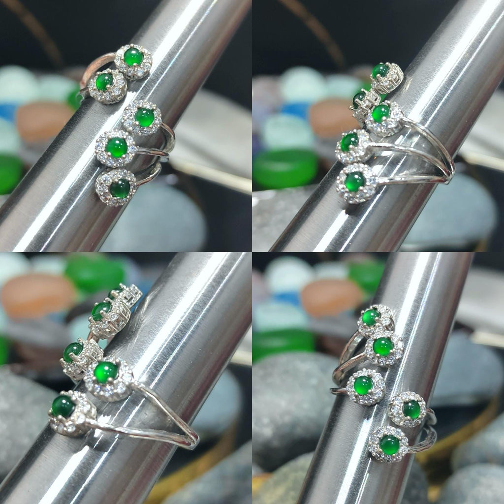 Certified Natural Untreated Guatemala Imperial Green 5pcs Flower Adjustable Design Zircon Set S925 Sterling Silver Jadeite Ring SL372
