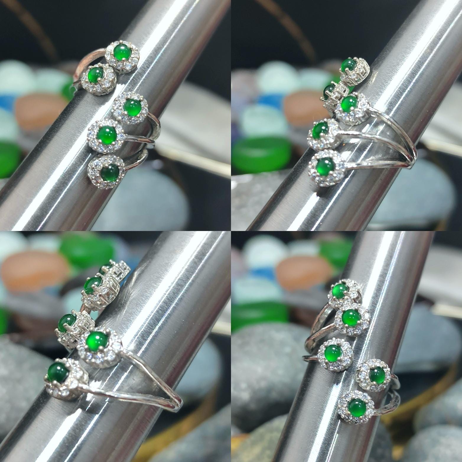 Certified Natural Untreated Guatemala Imperial Green 5pcs Flower Adjustable Design Zircon Set S925 Sterling Silver Jadeite Ring SL372