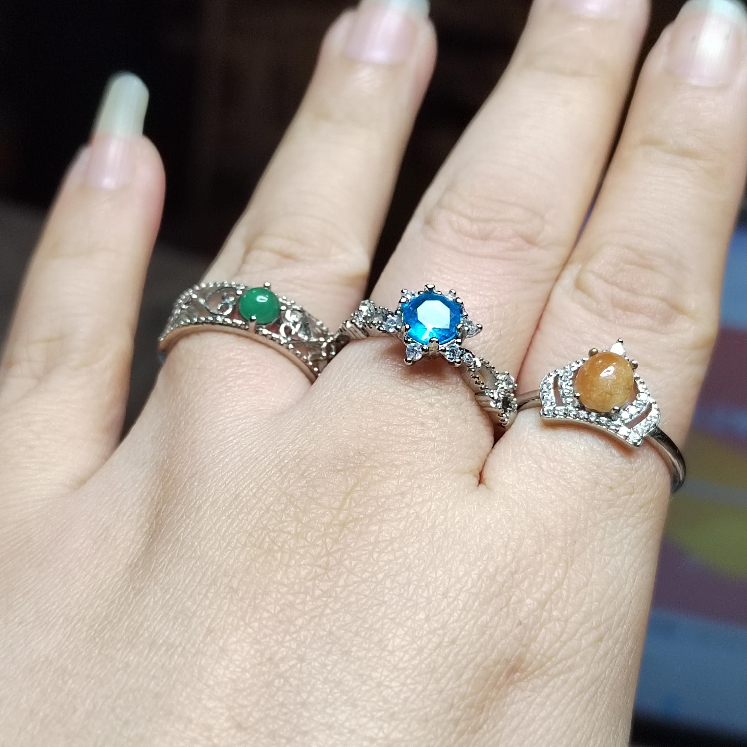 Natural Jadeite & Light Blue Topaz Ring Set | Yellow, Green, Sky Blue Stones | Gold Plated Brass | Gift Ready SL410 - SL Precious