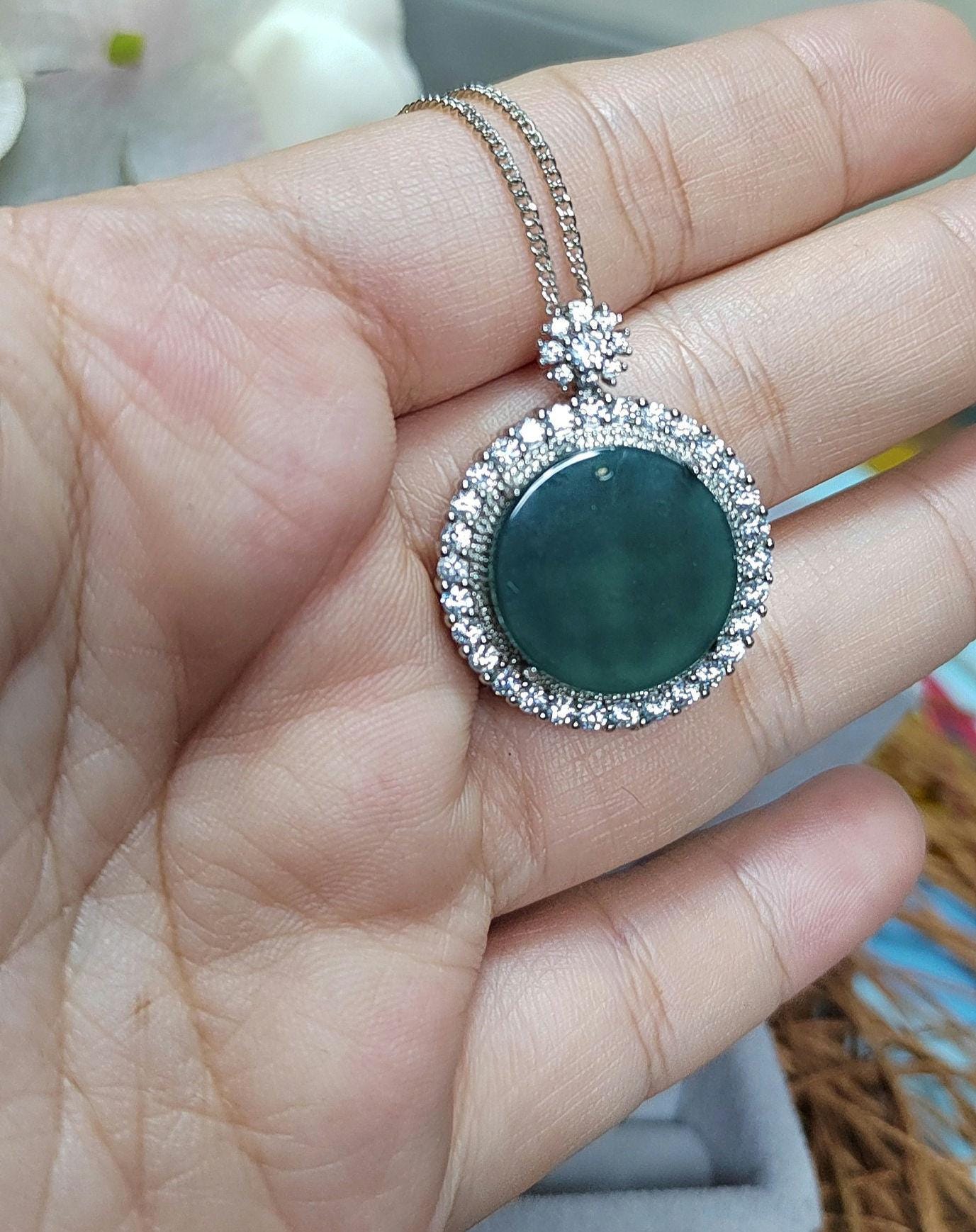 Women Minimalist Blue Water Round Natural Gemstone Guatemala Untreated A Grade Zirconia Jadeite Pendant Chain For Her SL066 - SL Precious