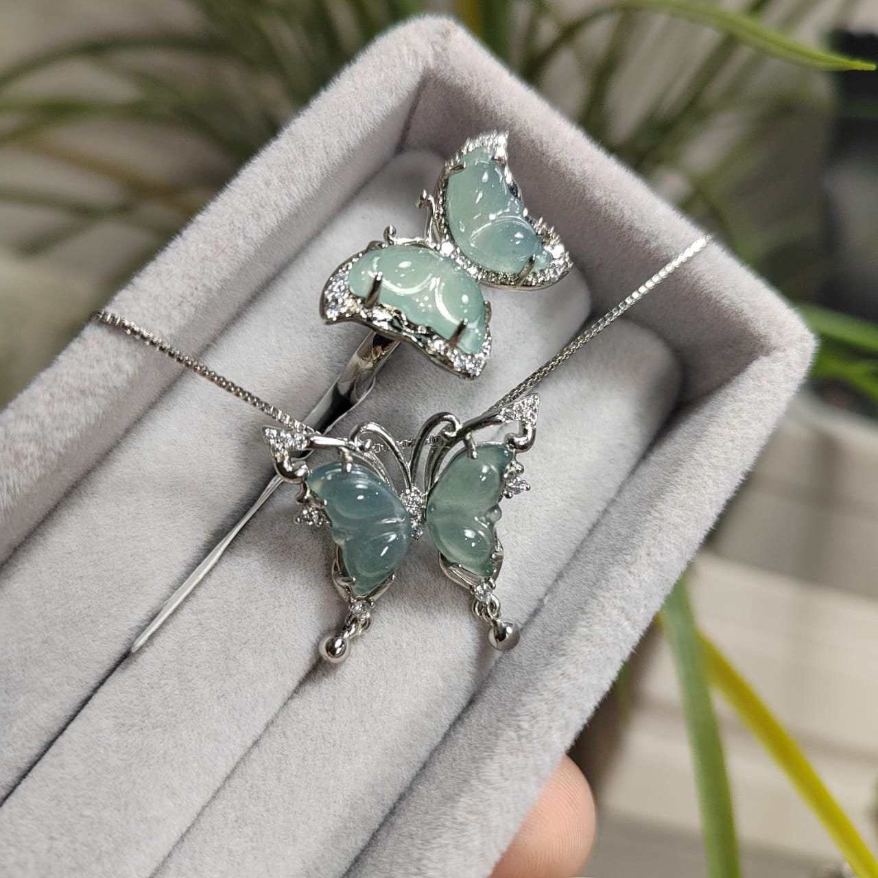 Natural Untreated Guatemala A-Grade Ring & Necklace Set Guatemala Natural Icy Ocean Blue Jadeite "Butterfly" Pendant on 18k White Gold Plate - SL Precious