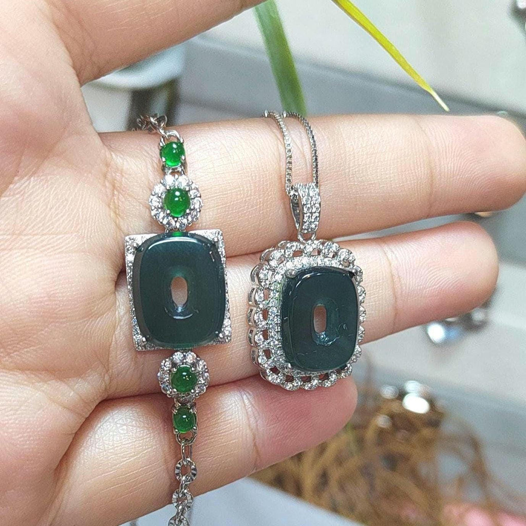 2pcs Set Square Natural Guatemala Bluish Green Bracelet Necklace 4 Imperial Green Jadeite Pendant Gemstone 925 18k Plated 老蓝水 SL053 - SL Precious