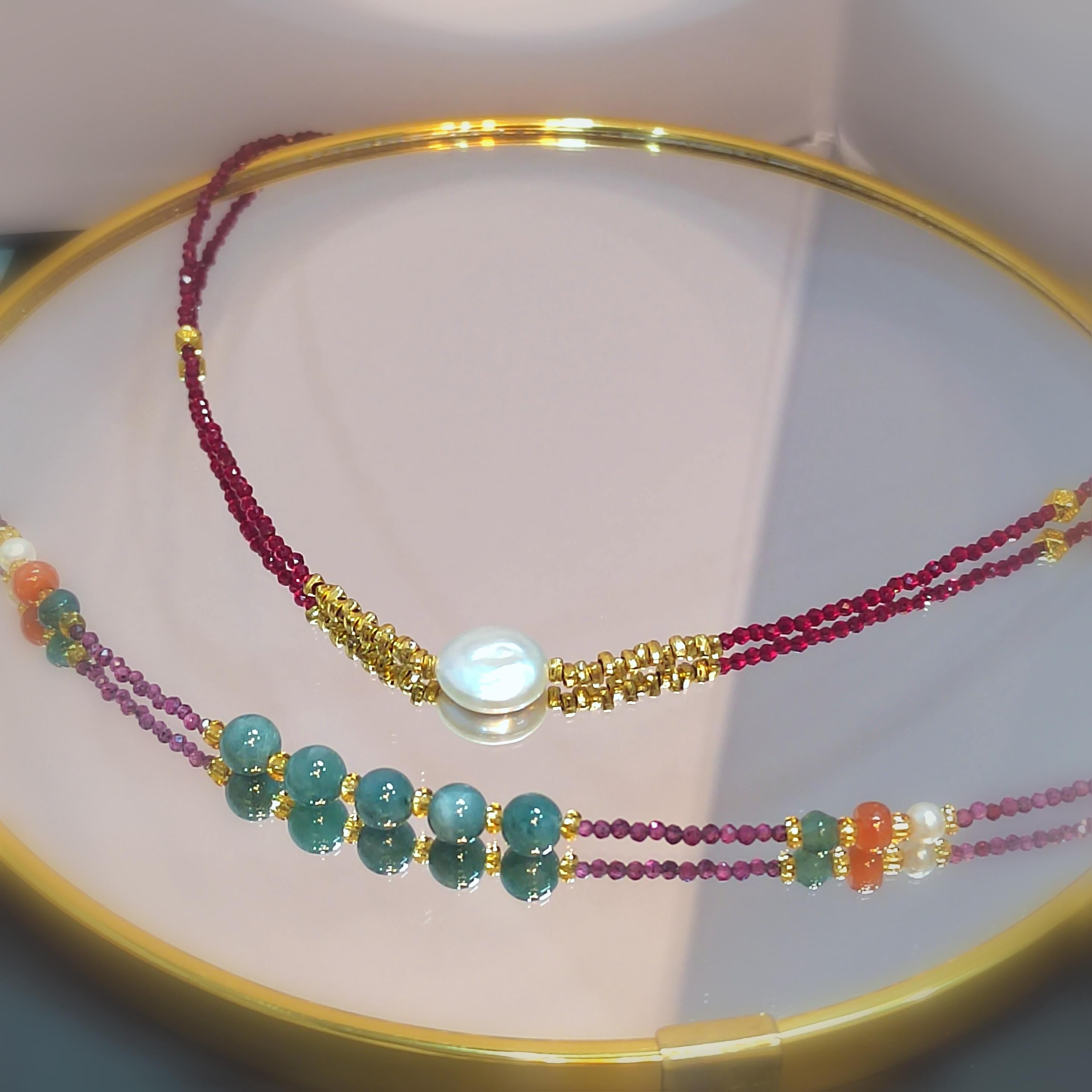 Natural Double Layer Choker Necklace | Purple Garnet, Burmese Ocean Blue Green Jadeite,Baroque Freshwater Pearls, Sri Lanka Red Spinel SL296