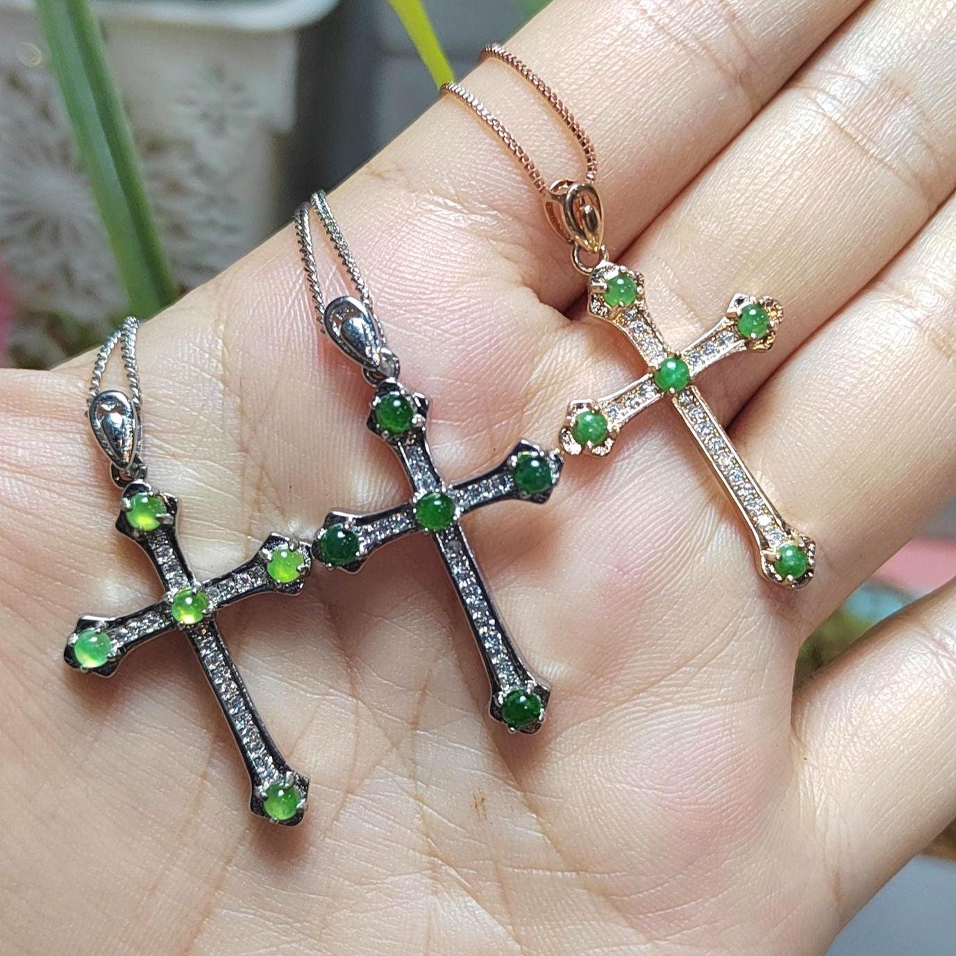 Natural Burmese Jadeite Apple Green, Imperial Green & Bright Green 925 18k White/Rose Gold Christian Cross Pendant/Chain Jewelry SL030 - SL Precious
