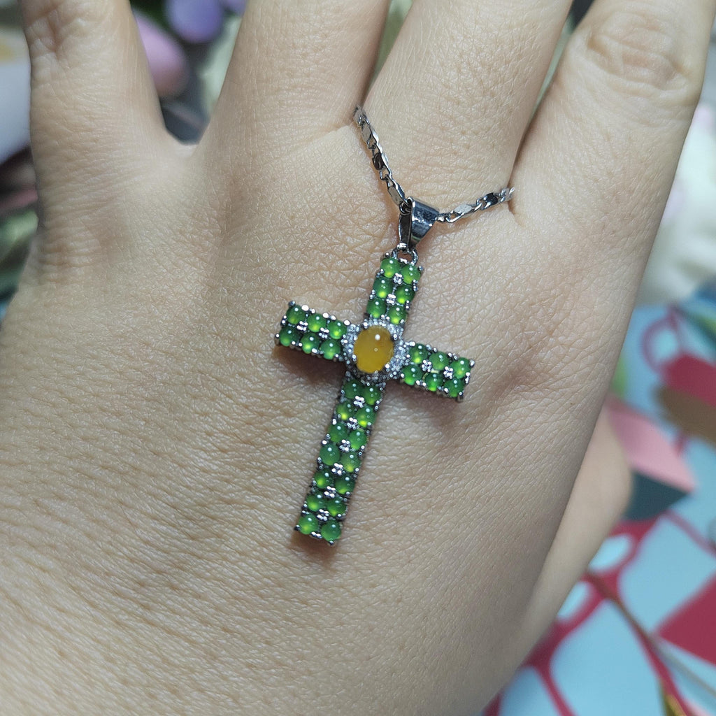 Certified Beautiful Gemstone A Grade Burmese Natural Apple Green/Yellow Jadeite Cross 925 Untreated Christian Cross Jewelry Gifts SL058 - SL Precious