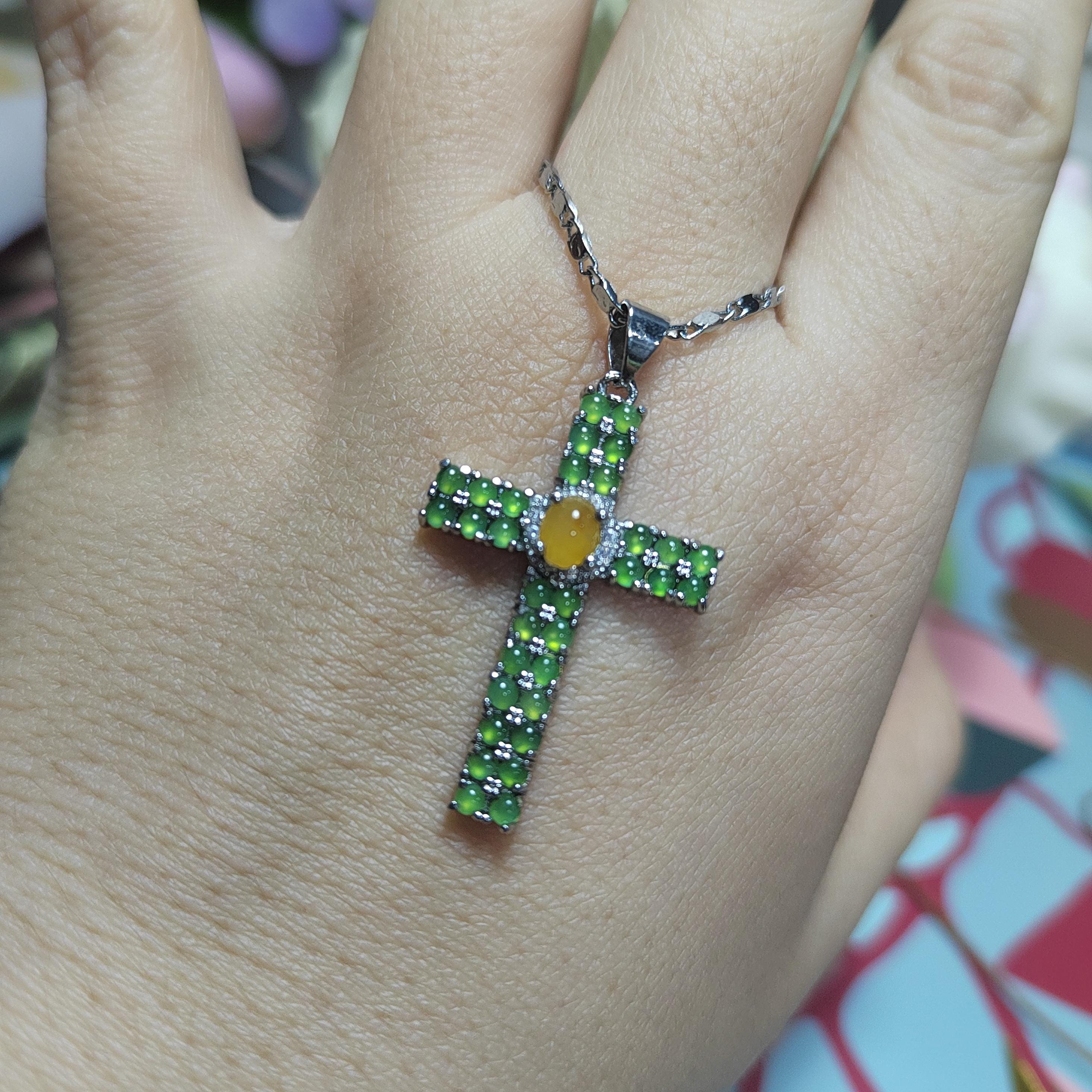 Certified Beautiful Gemstone A Grade Burmese Natural Apple Green/Yellow Jadeite Cross 925 Untreated Christian Cross Jewelry Gifts SL058 - SL Precious