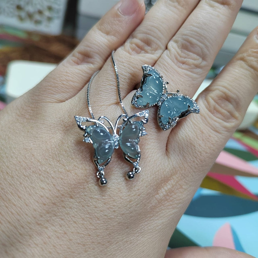 Natural Untreated Guatemala A-Grade Ring & Necklace Set Guatemala Natural Icy Ocean Blue Jadeite "Butterfly" Pendant on 18k White Gold Plate - SL Precious