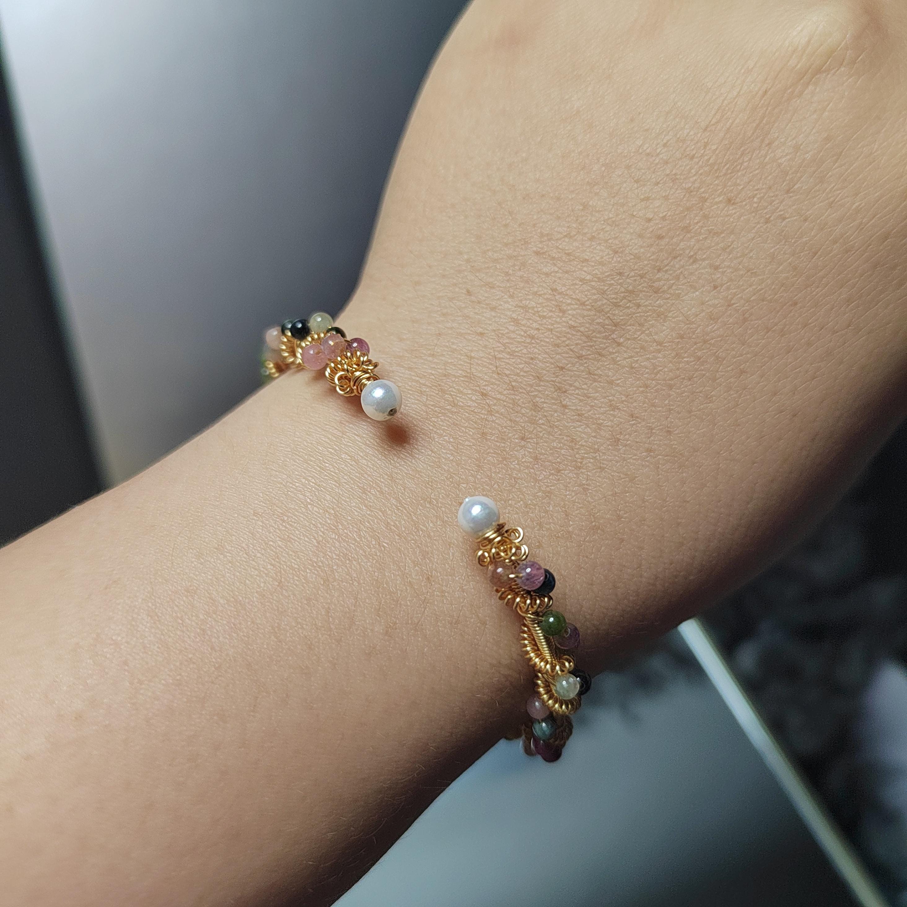 Elegant 14K Gold Plated Adjustable Tourmaline Bangle, Colorful Gemstone Bracelet for Women, Unique Gift Jewelry SL240 - SL Precious