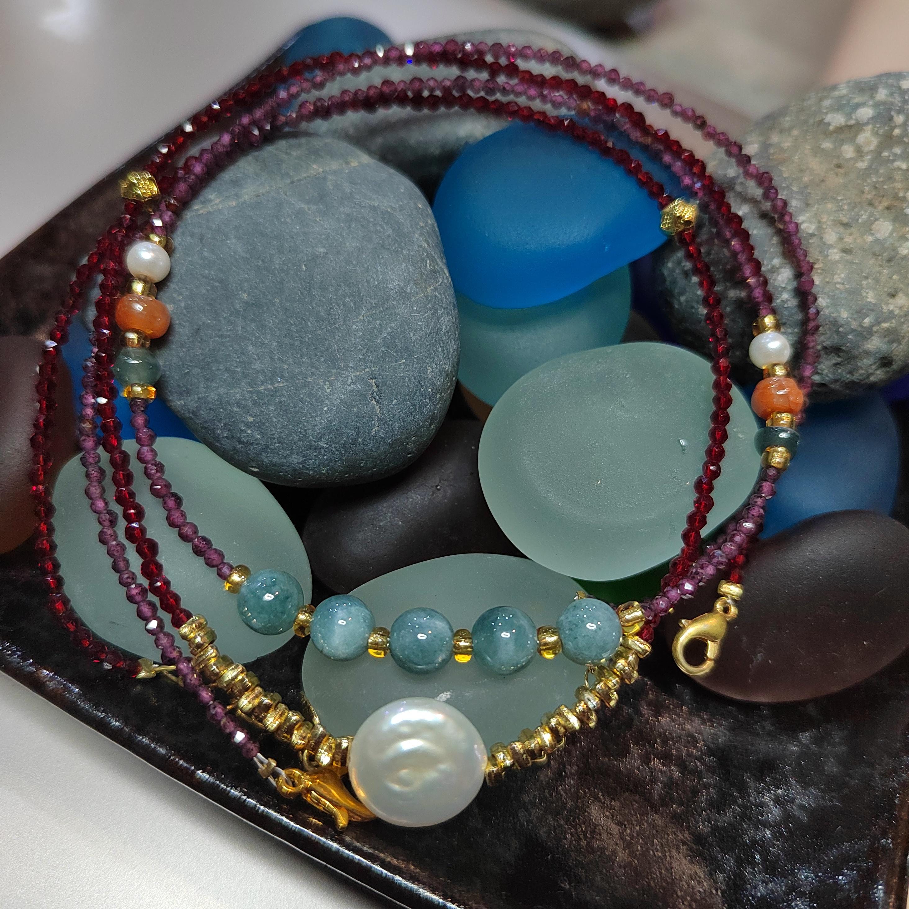 Natural Double Layer Choker Necklace | Purple Garnet, Burmese Ocean Blue Green Jadeite,Baroque Freshwater Pearls, Sri Lanka Red Spinel SL296