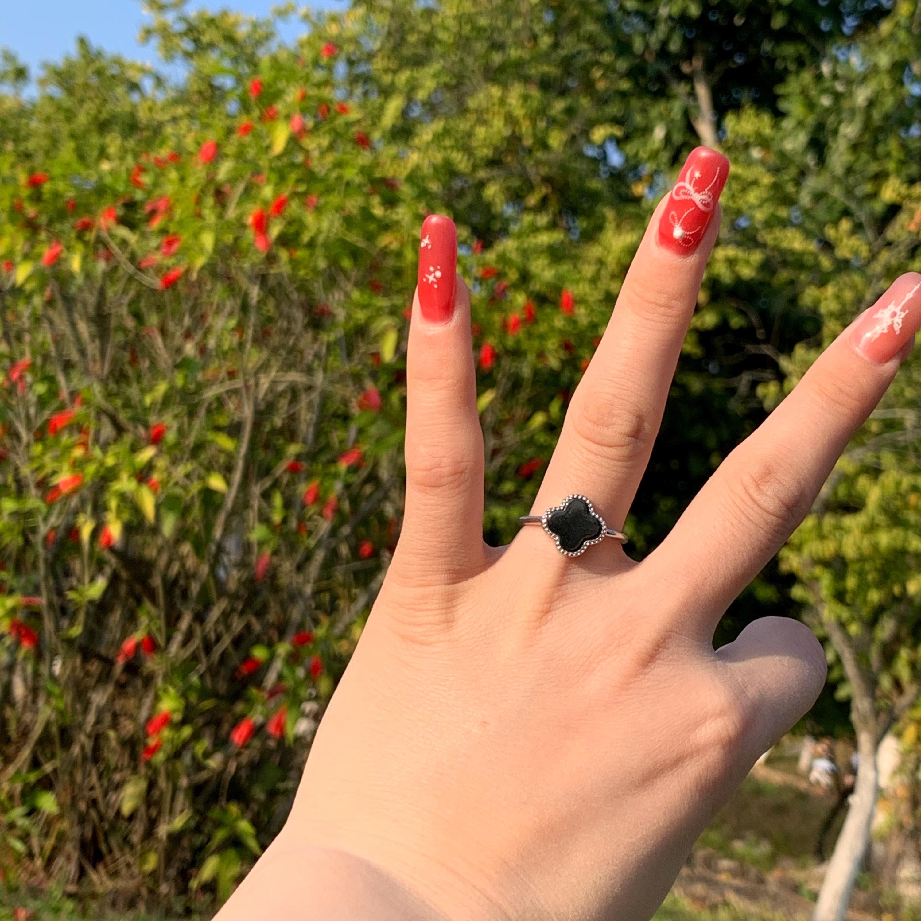 Certified Minimalist A-Grade Natural Untreated Burmese Black Ink Jadeite S925 Sterling Silver Lucky Flower Ring For Her SL255X14 - SL Precious