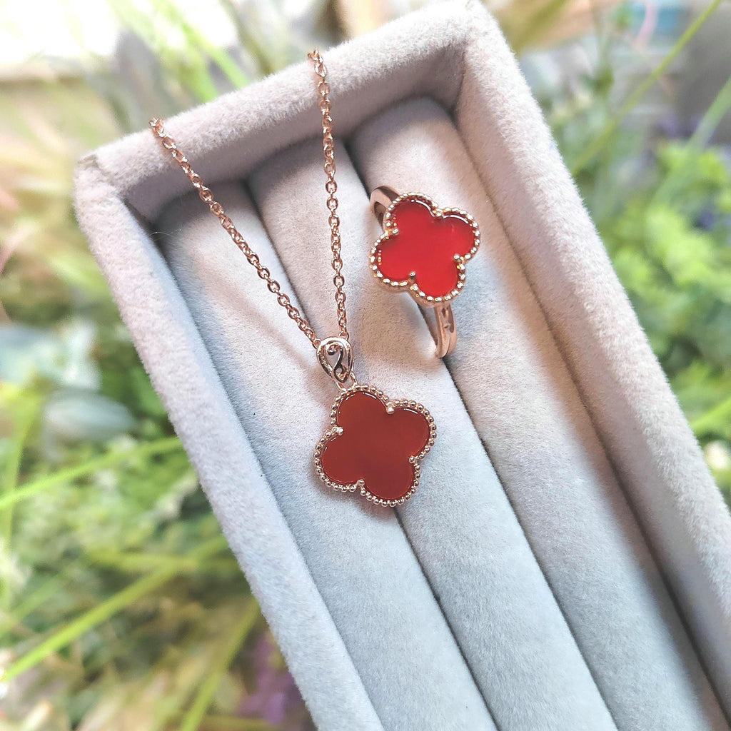 2pcs Set Lucky Flower Natural Red Nanhong Agate Rose Gold Plated on S925 Sterling Silver Ring and Pendant/Chain SL164 南红玛瑙