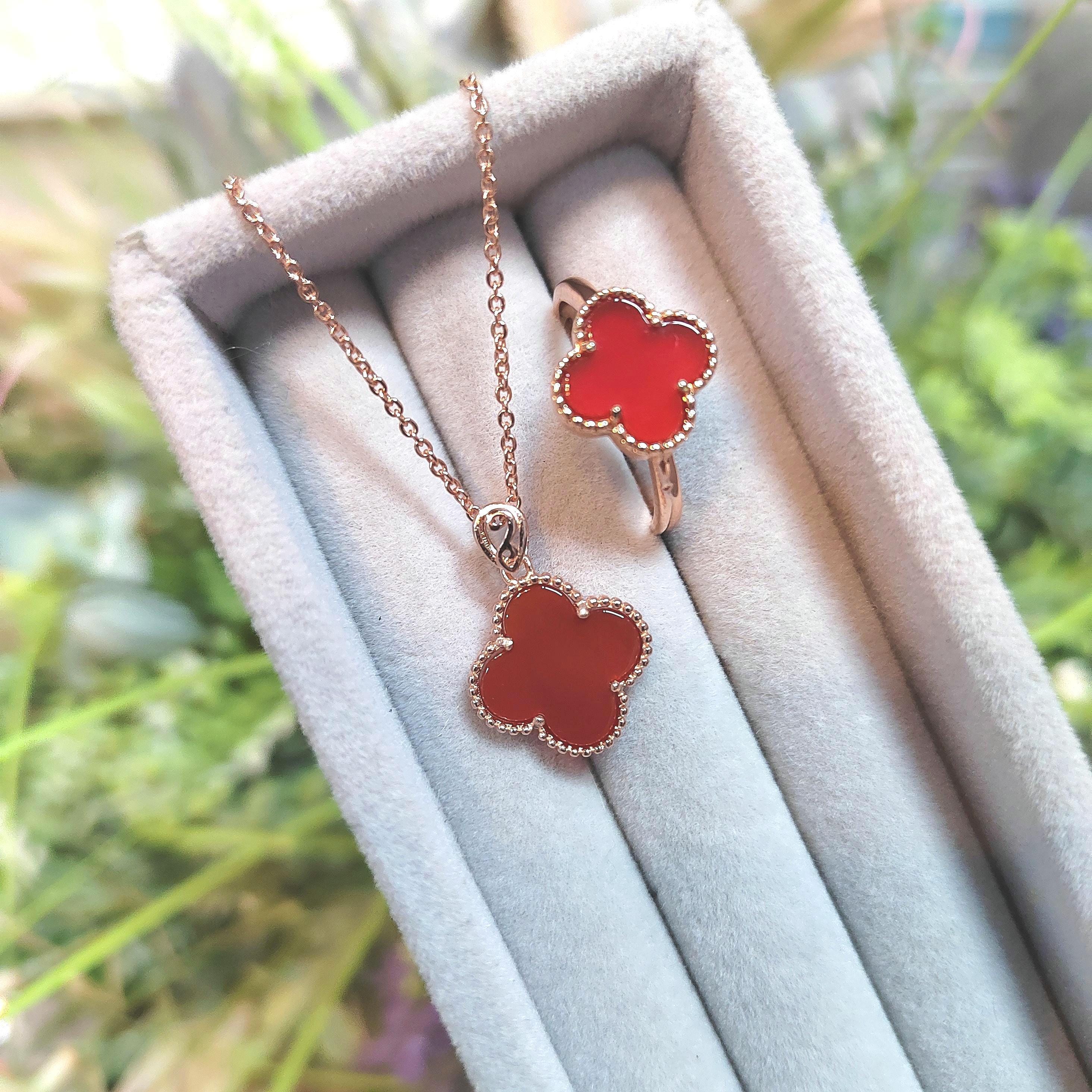 2pcs Set Lucky Flower Natural Red Nanhong Agate Rose Gold Plated on S925 Sterling Silver Ring and Pendant/Chain SL164 南红玛瑙