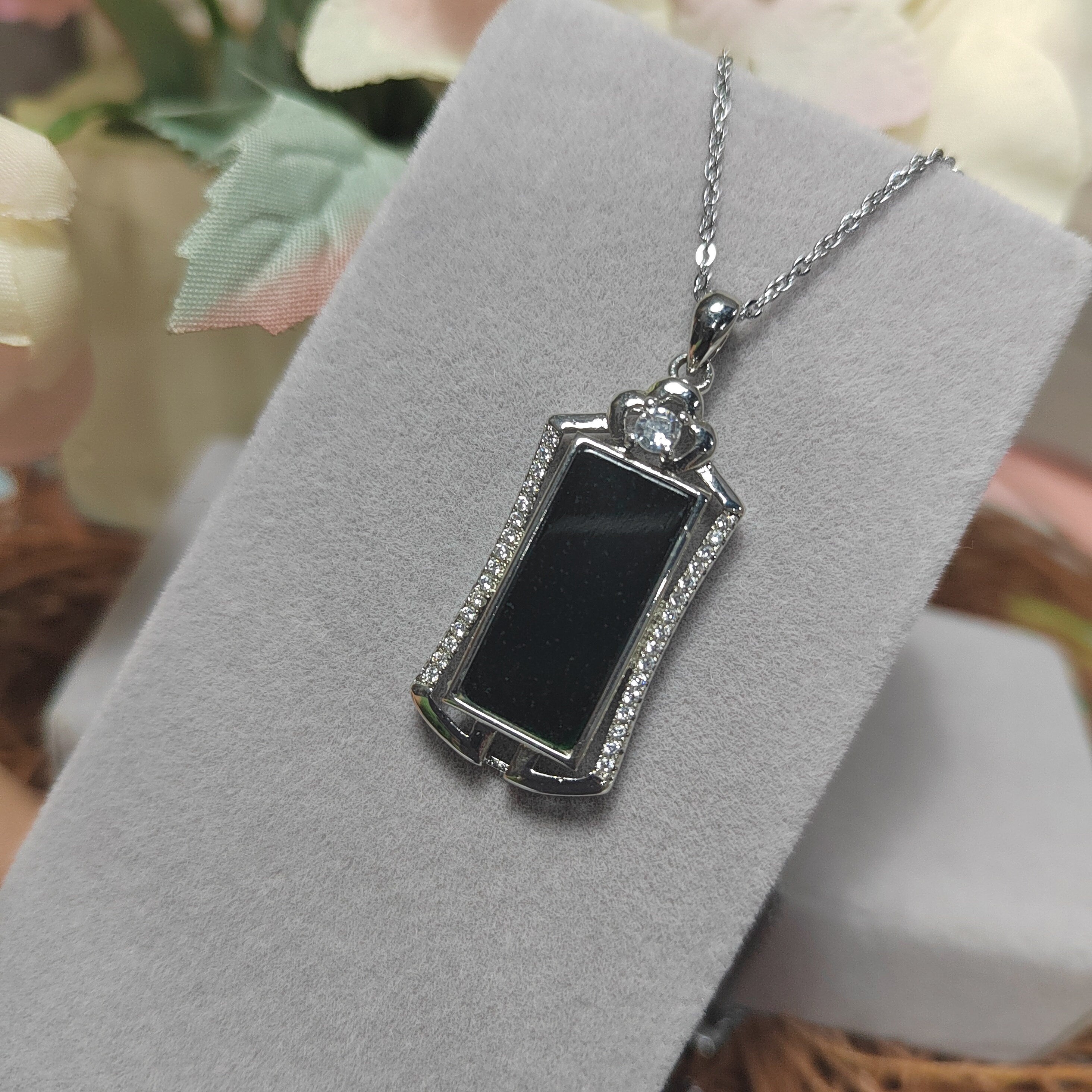Burmese Natural Untreated Black Ink Jadeite Unisex Design Necklace SL073