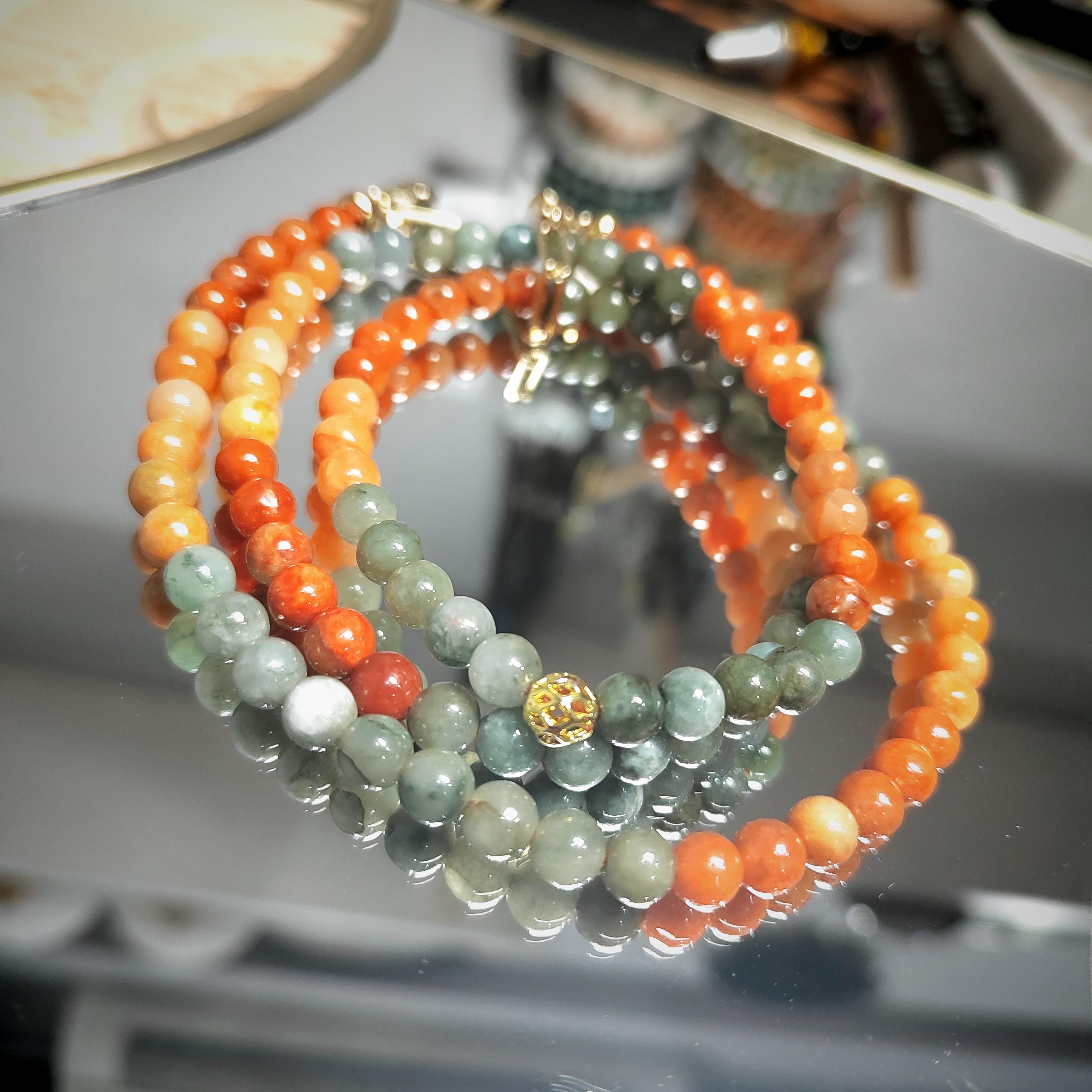 Certified Burmese Jadeite Red-Yellow-Green 14k Plated Natural A Grade Bead 2 Ways Bracelet/Necklace Design SL354