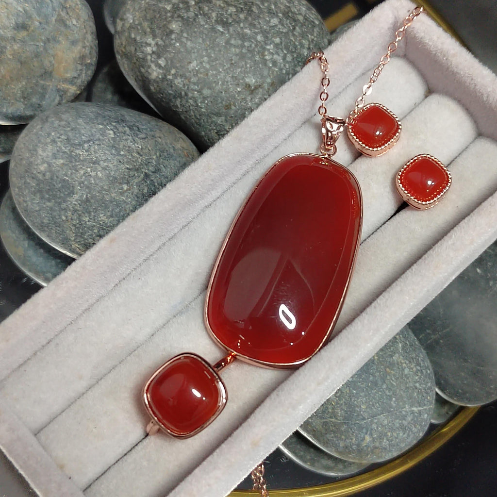 Certified Natural Southern Baoshan Nanhong Icy Top Quality Agate 3pcs Set Earrings -Ring -Pendant/Chain 18k Rose Gold Plated S925 SL358