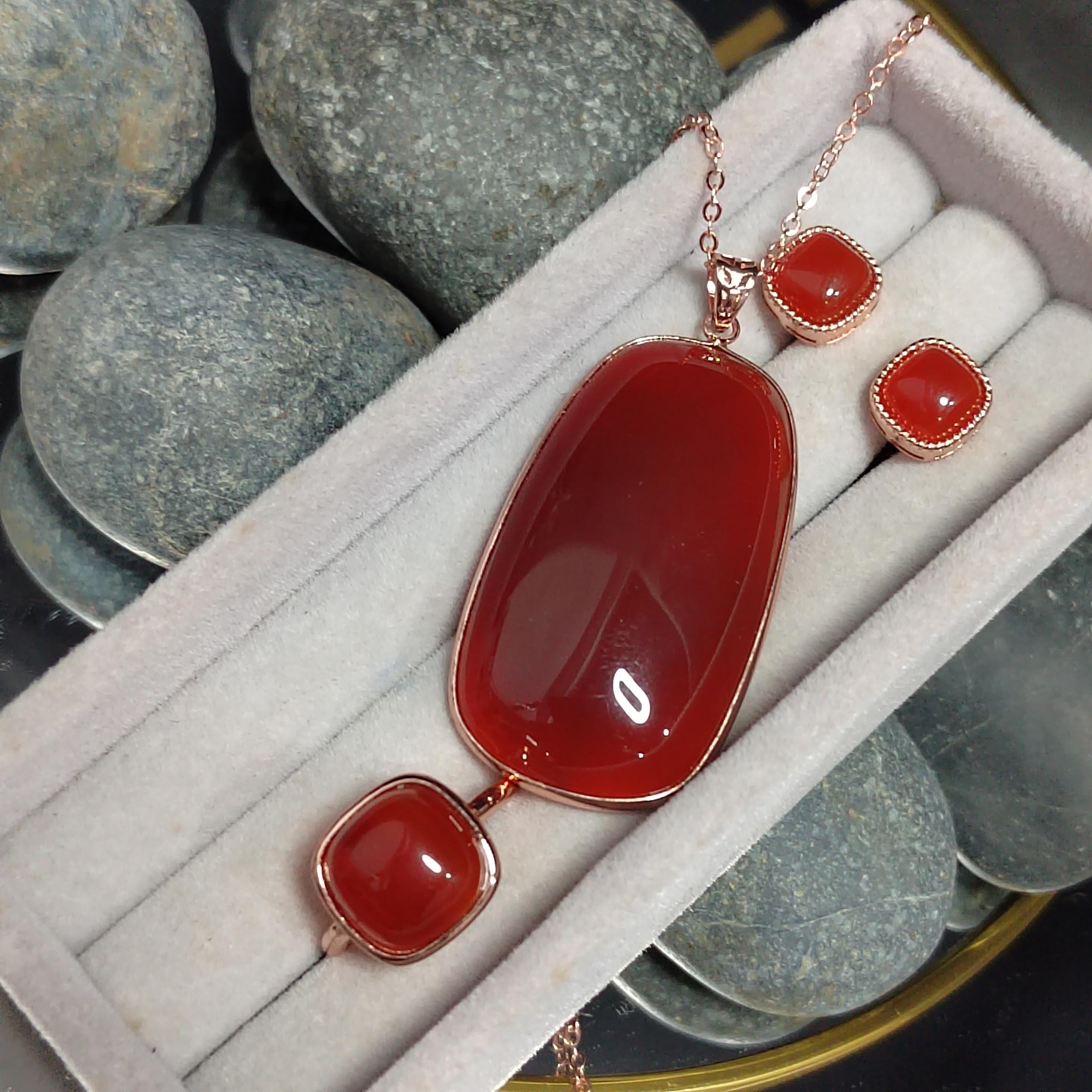Certified Natural Southern Baoshan Nanhong Icy Top Quality Agate 3pcs Set Earrings -Ring -Pendant/Chain 18k Rose Gold Plated S925 SL358