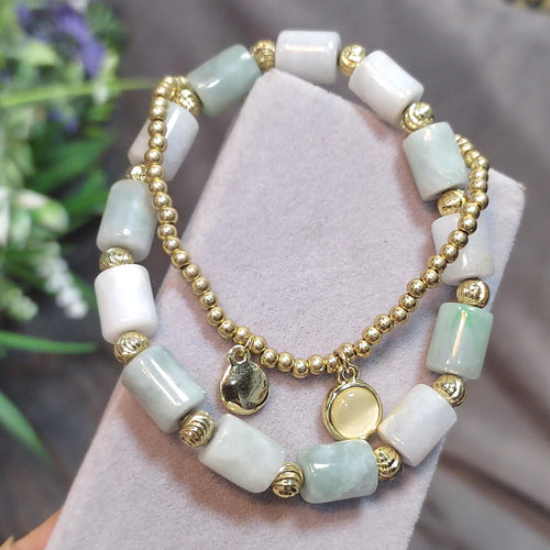 Burmese Natural Untreated Cylinder Beads Jadeite With Gold Plated Bead Bracelet Double Layer Fashion SL161 - SL Precious