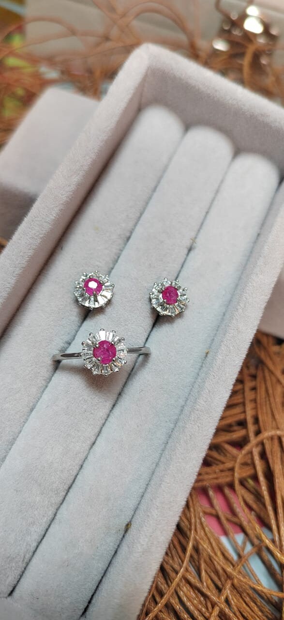Untreated Natural Mogok Burmese Ruby with Zirconia Accent S925 Silver Earring & Ring Set SL055