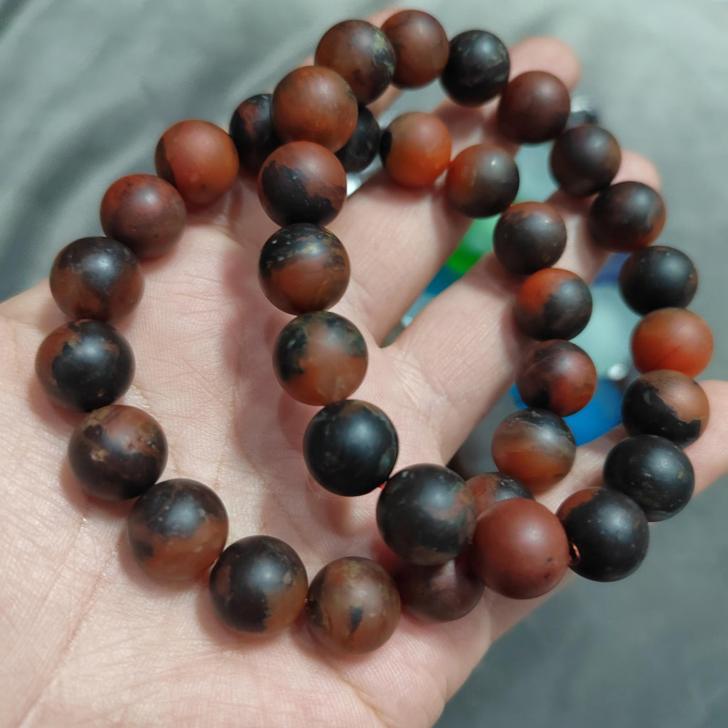 Ebony Wood Bead Bracelet Set with Certified Baoshan Nanhong Agate Matte 11.5mm | 2pcs Natural Bracelets 15mm & 11.5mm SL379